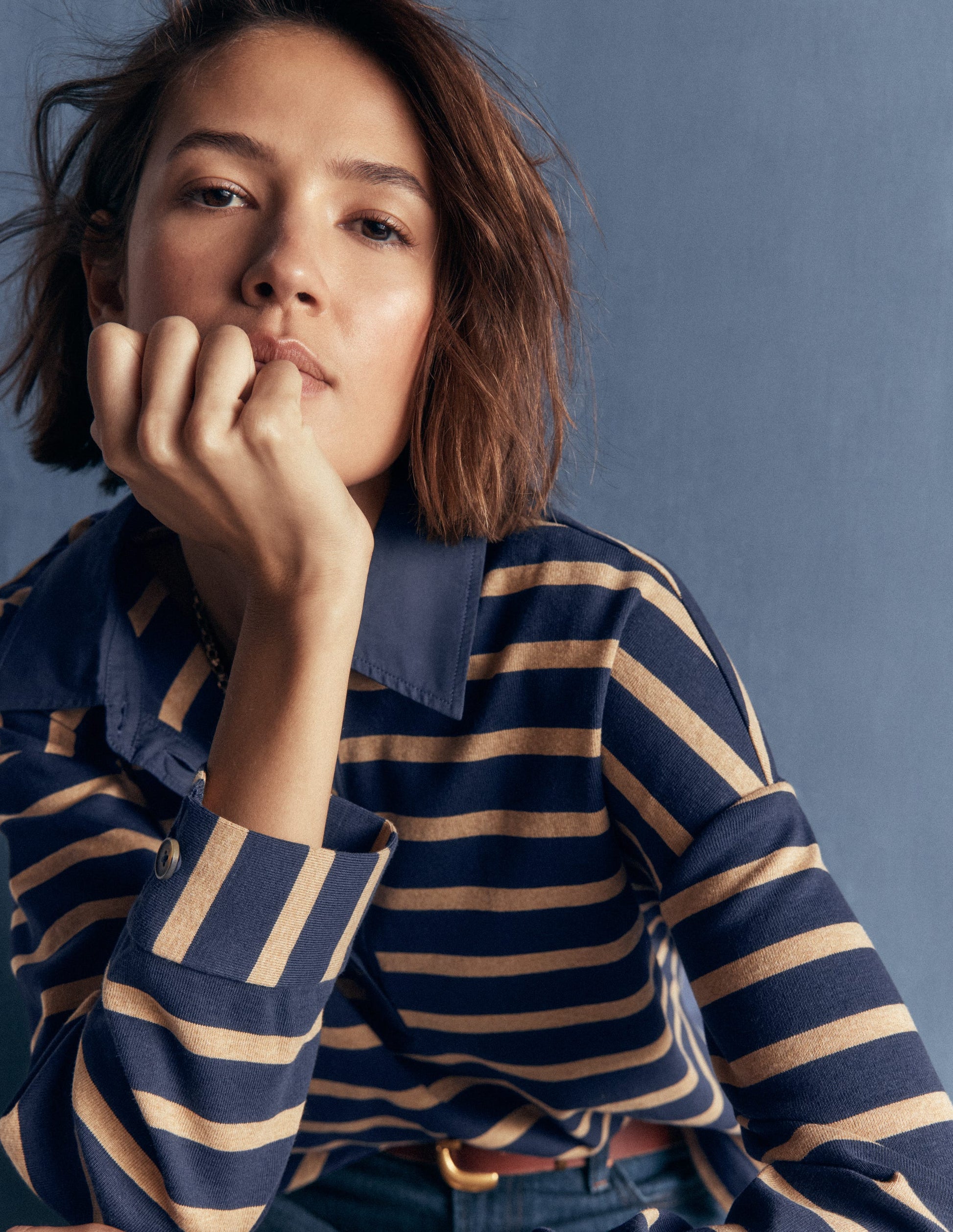 Collar Button Striped Breton-Navy and Camel Stripe-2