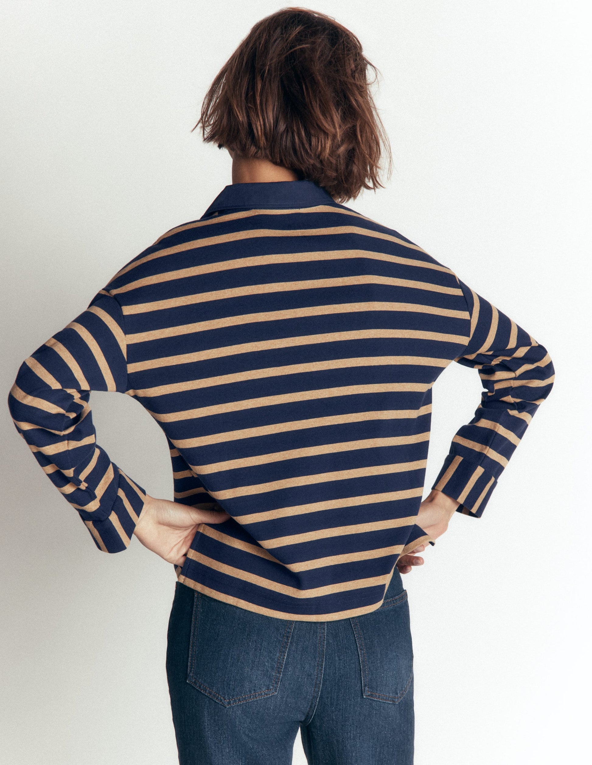 Collar Button Striped Breton-Navy and Camel Stripe-3