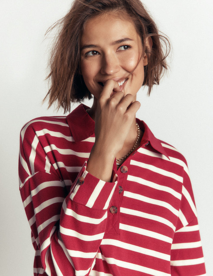 Collar Button Striped Breton-Garnet and Ivory Stripe