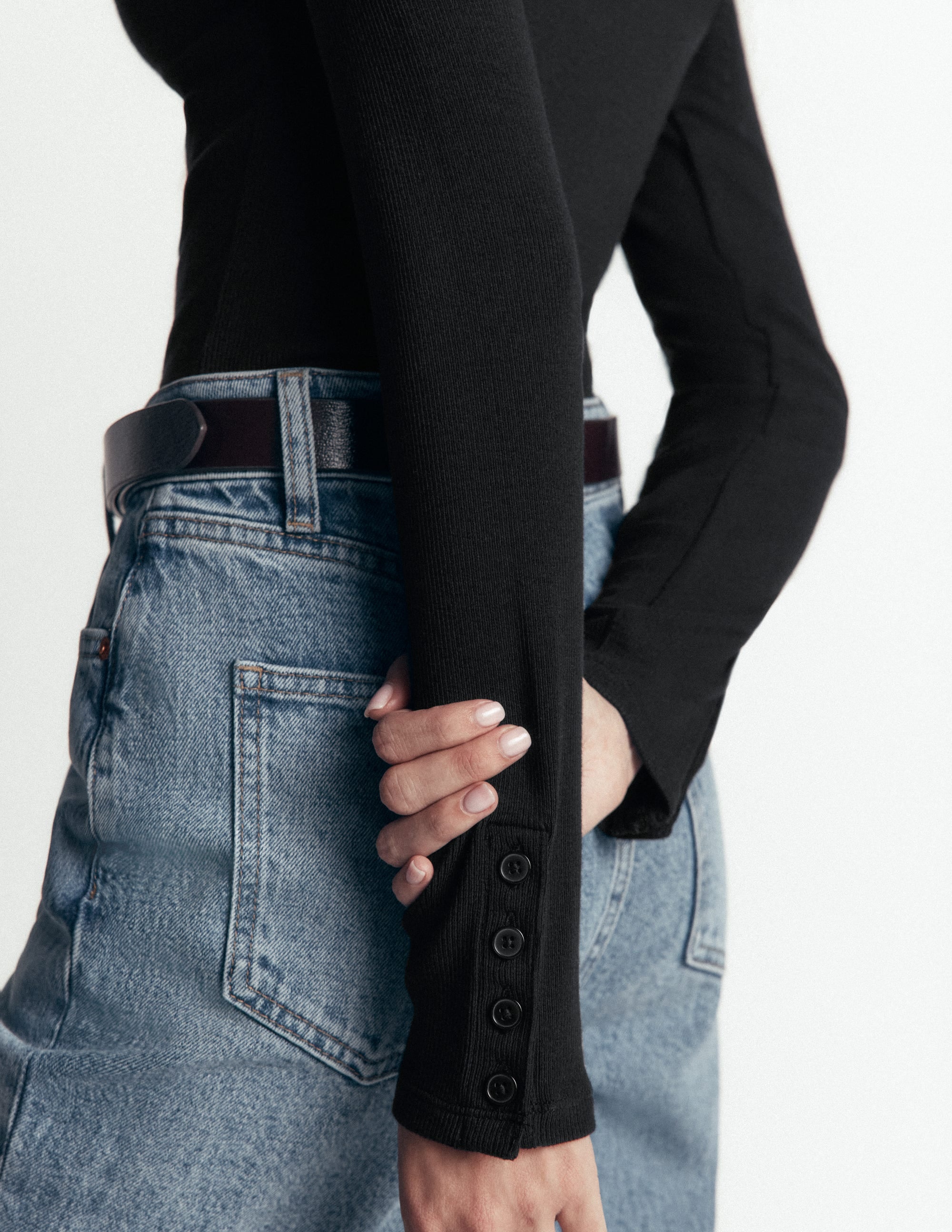 Button Cuff Ribbed Boatneck-Black - Image 3