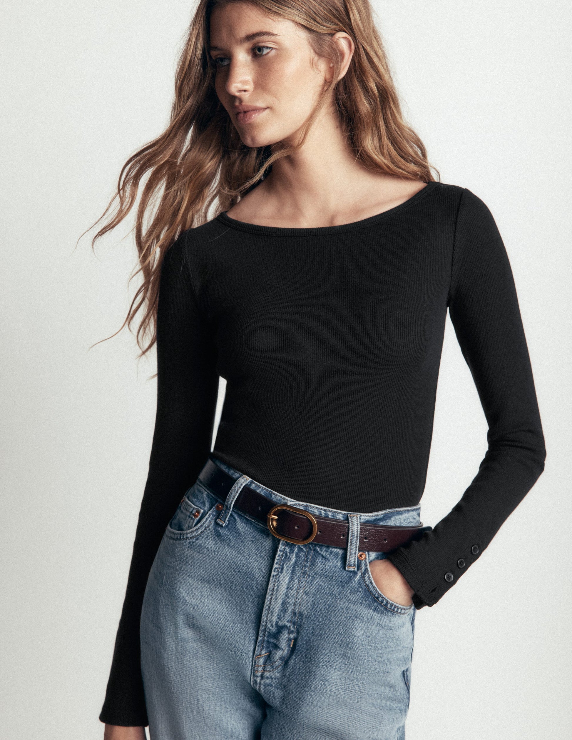 Button Cuff Ribbed Boatneck-Black-1