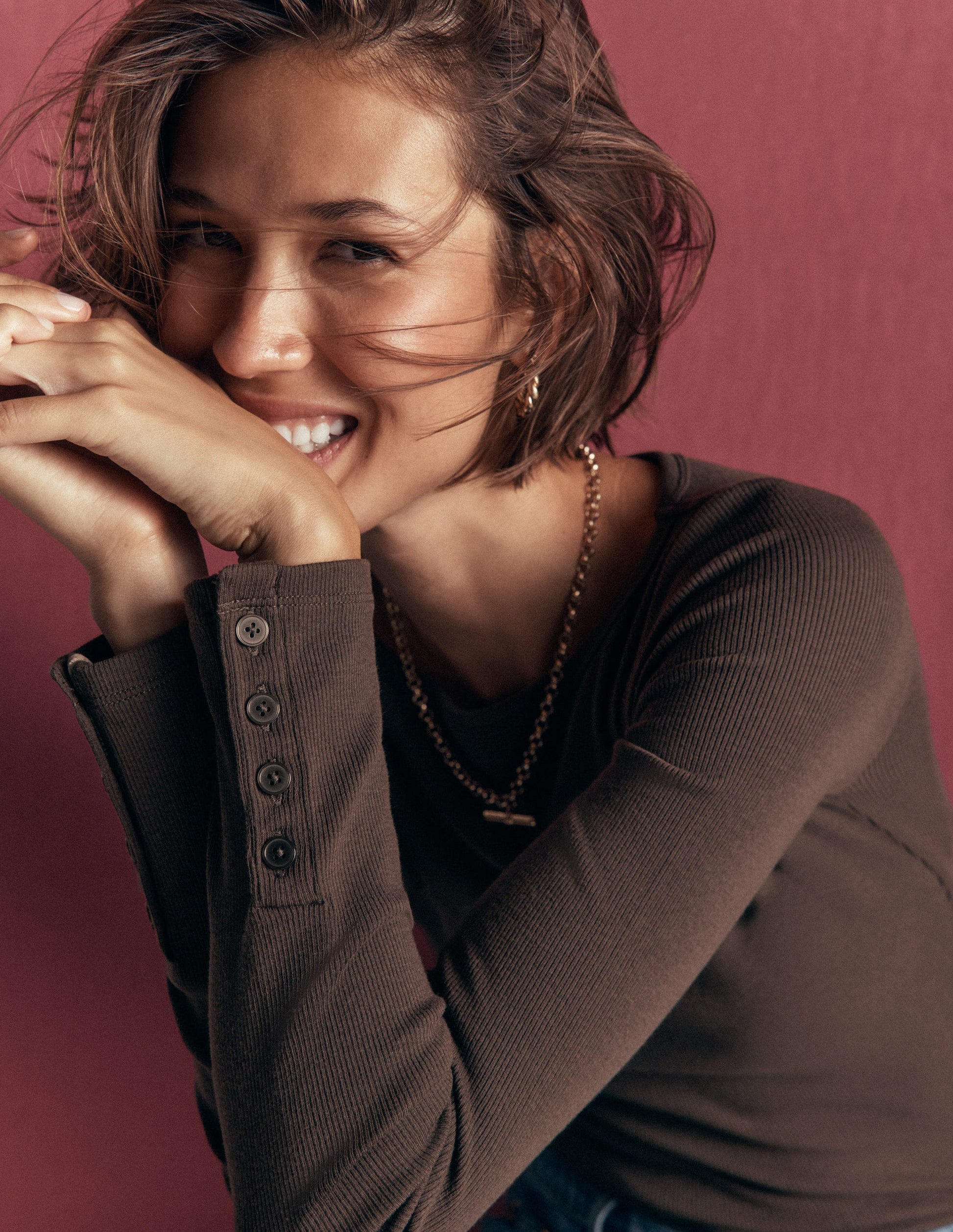 Button Cuff Ribbed Boatneck-Bitter Chocolate-1