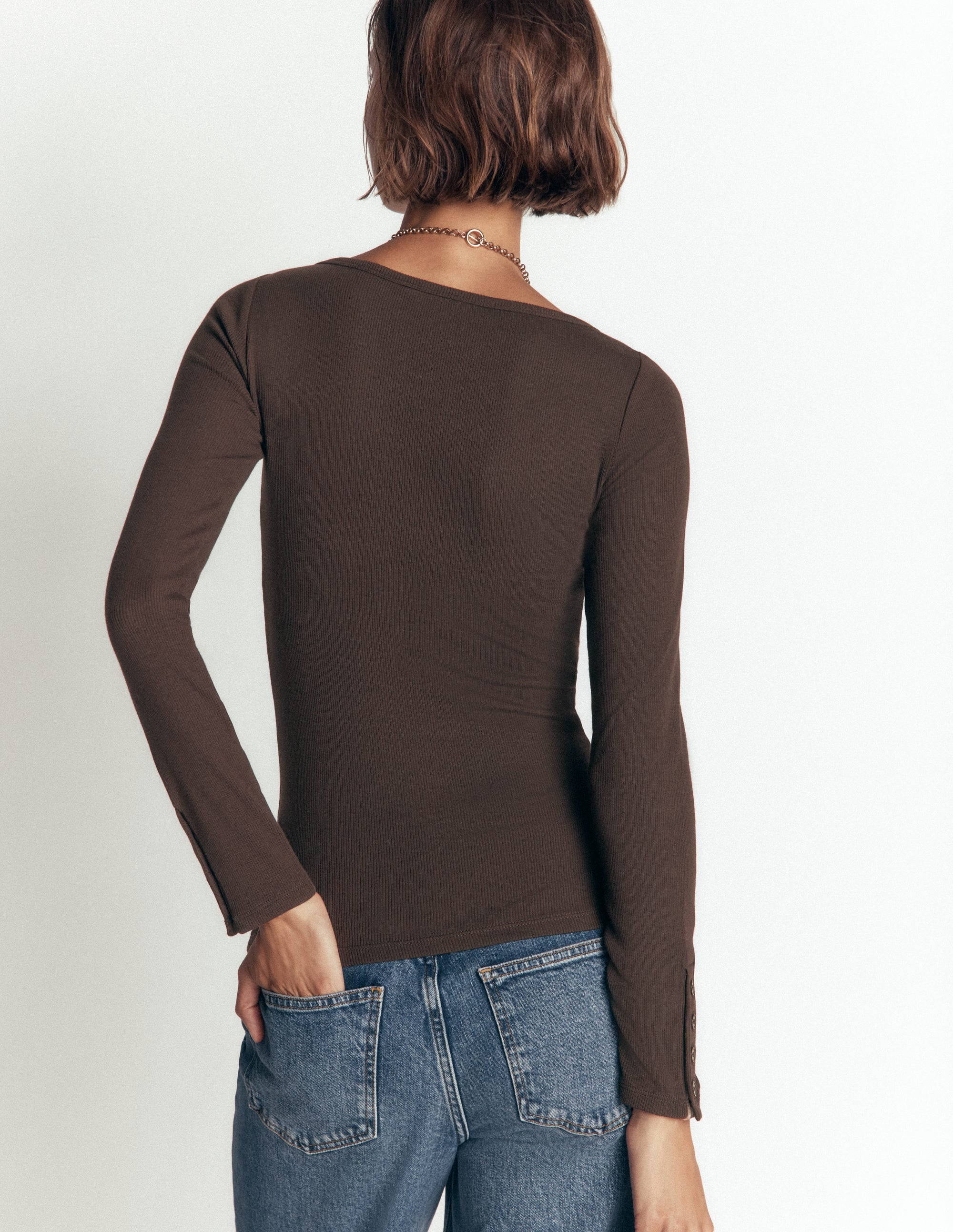 Button Cuff Ribbed Boatneck-Bitter Chocolate - Image 3