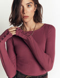 Button Cuff Ribbed Boatneck-Maroon
