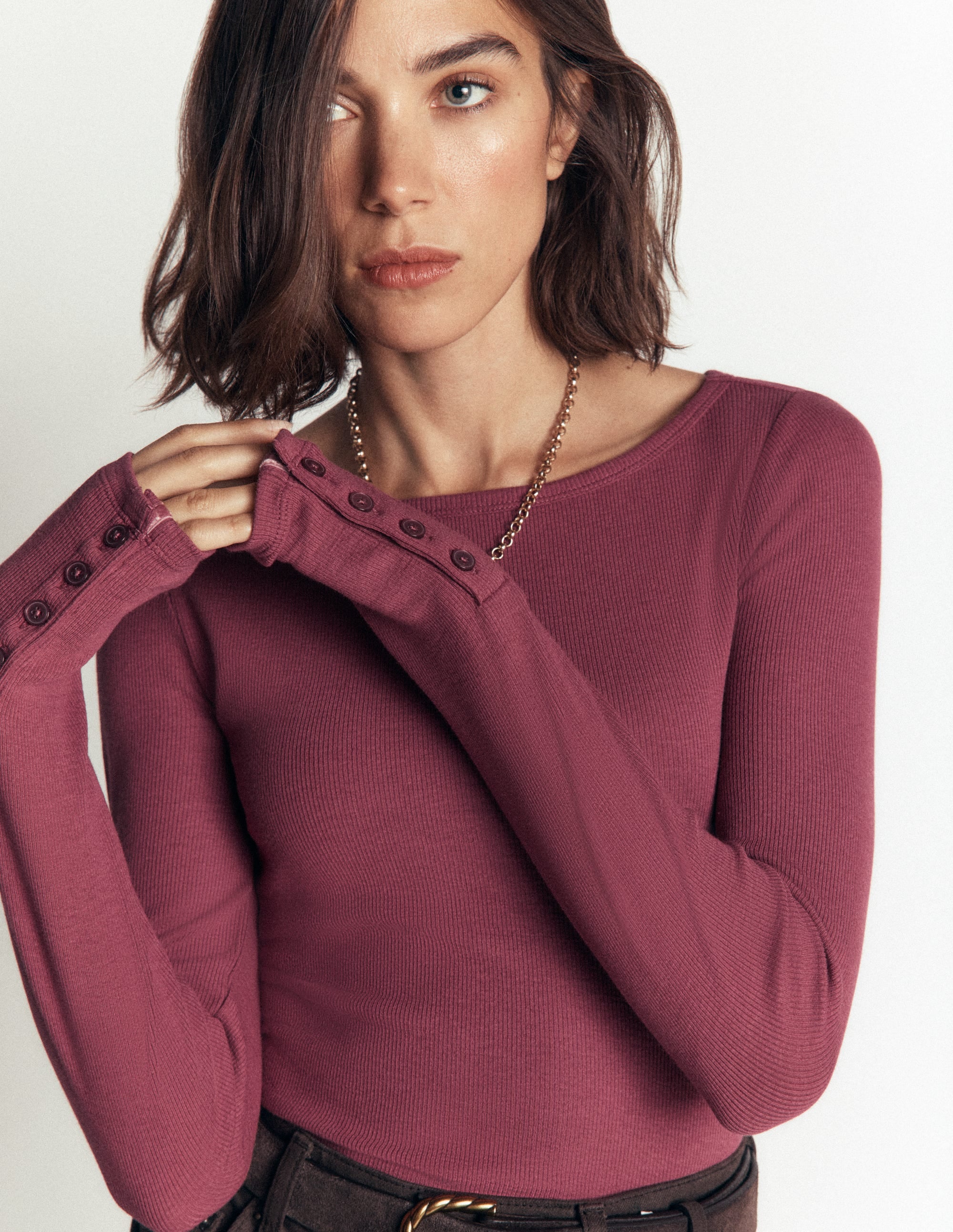 Button Cuff Ribbed Boatneck-Maroon - Image 1