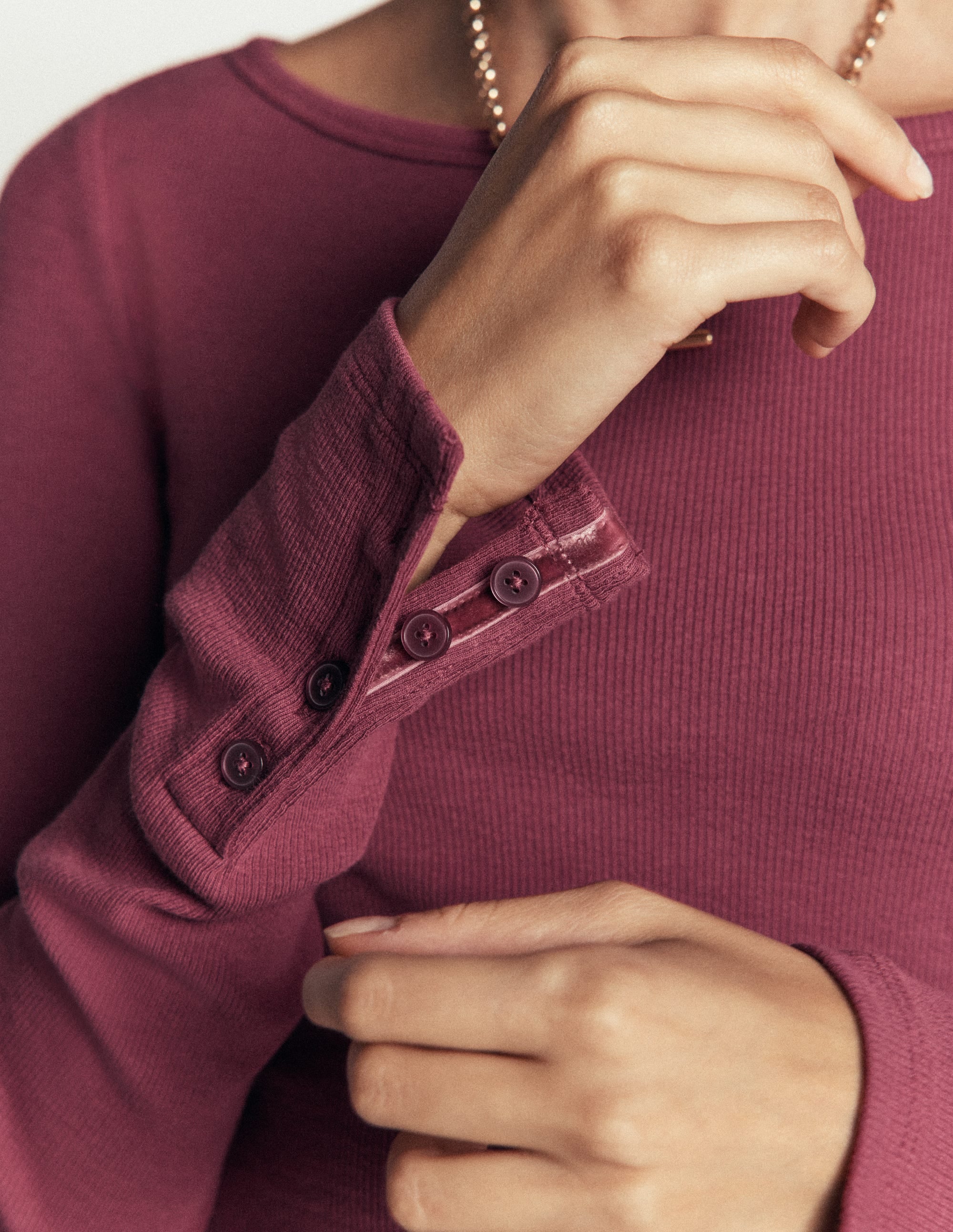 Button Cuff Ribbed Boatneck-Maroon - Image 2