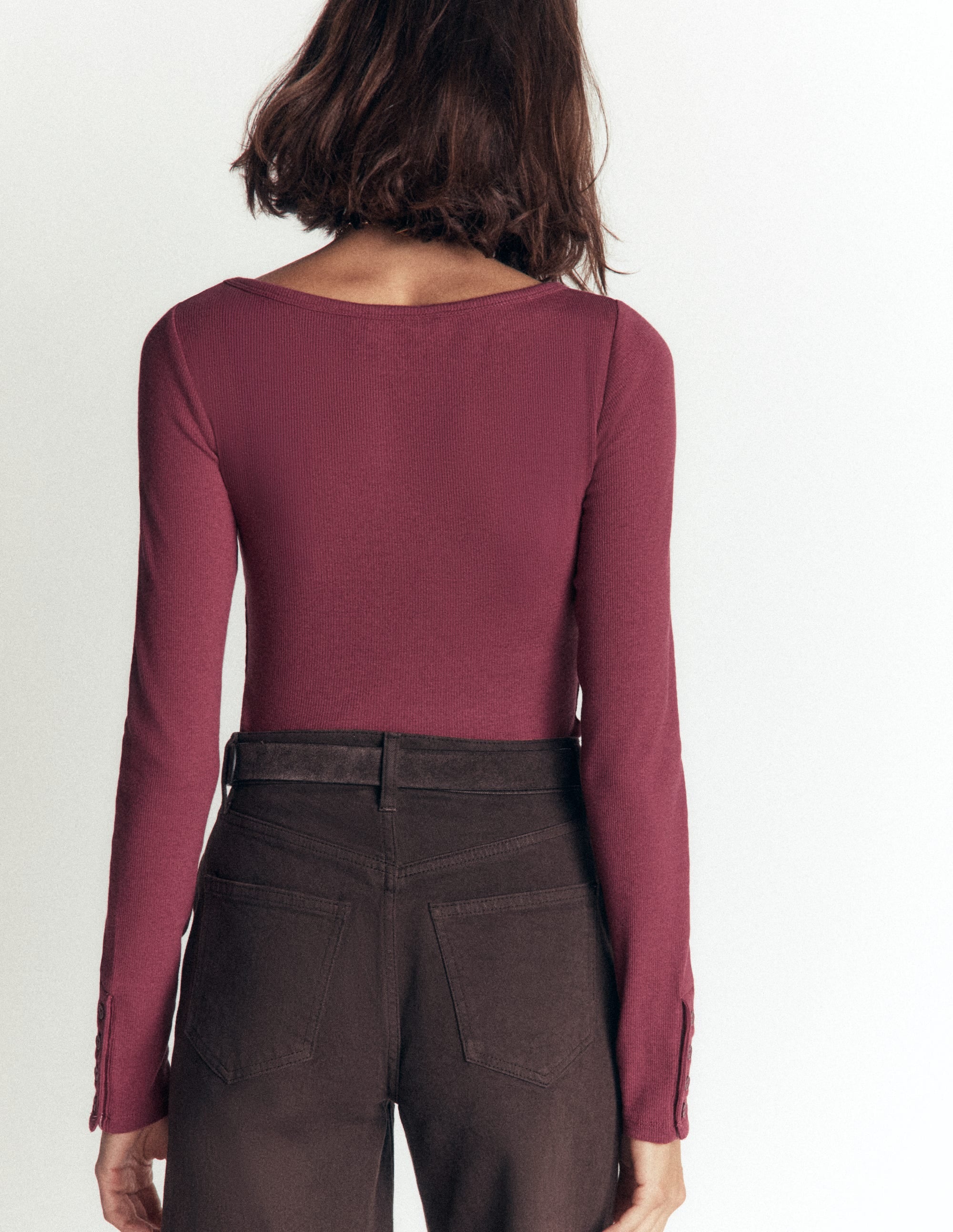 Button Cuff Ribbed Boatneck-Maroon - Image 3