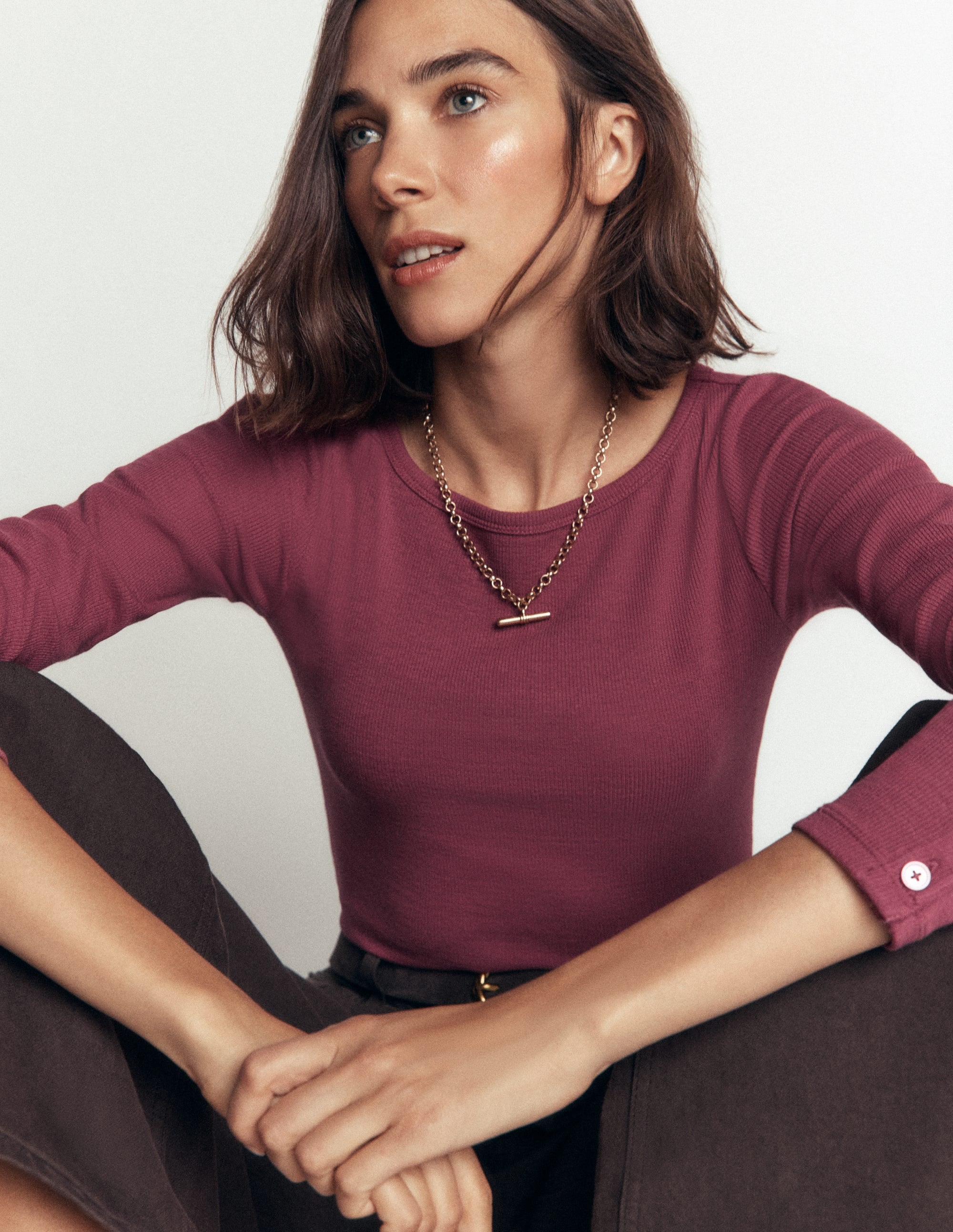 Button Cuff Ribbed Boatneck-Maroon - Image 4