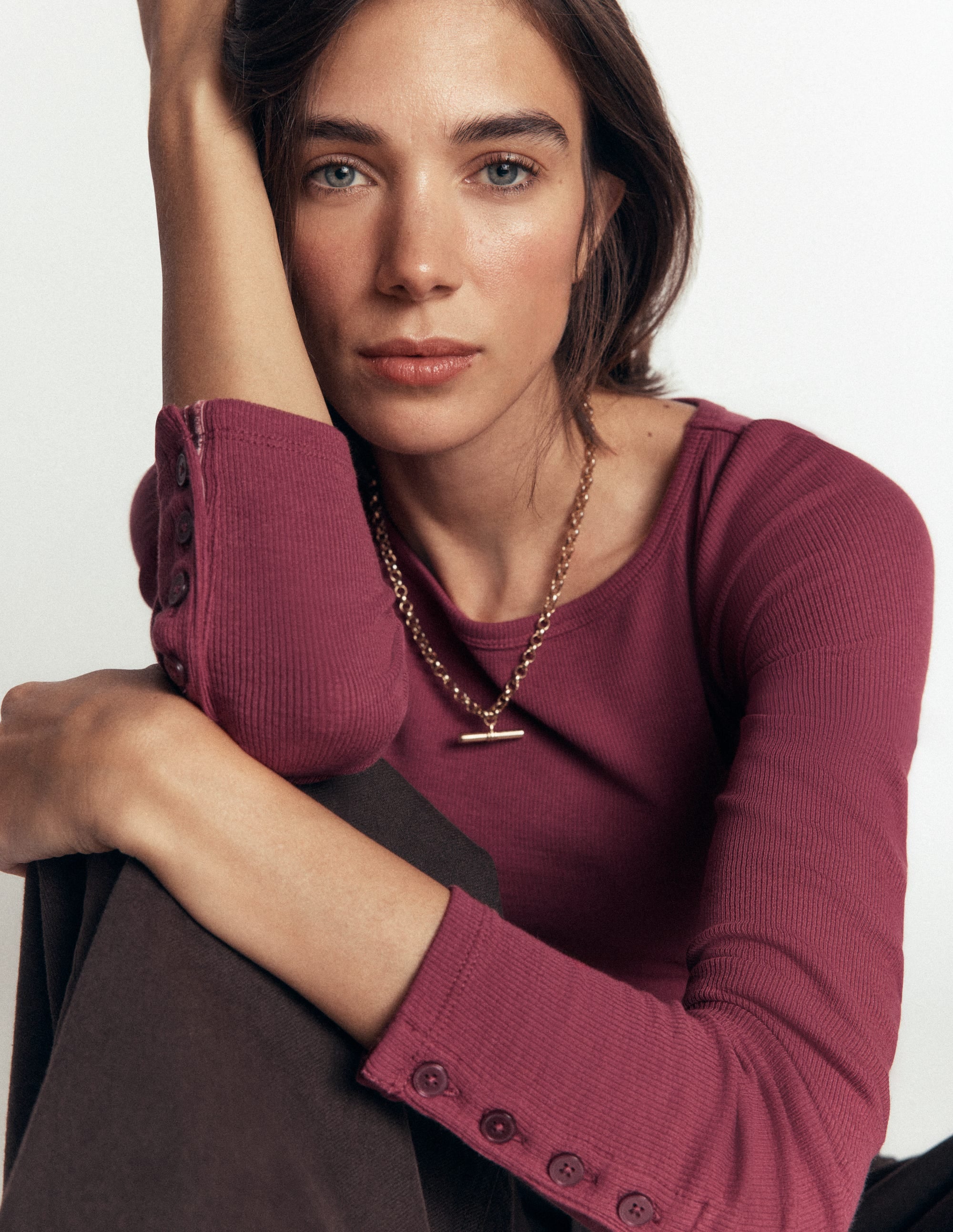 Button Cuff Ribbed Boatneck-Maroon - Image 5