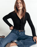 Velvet Trimmed V-Neck Top-Black