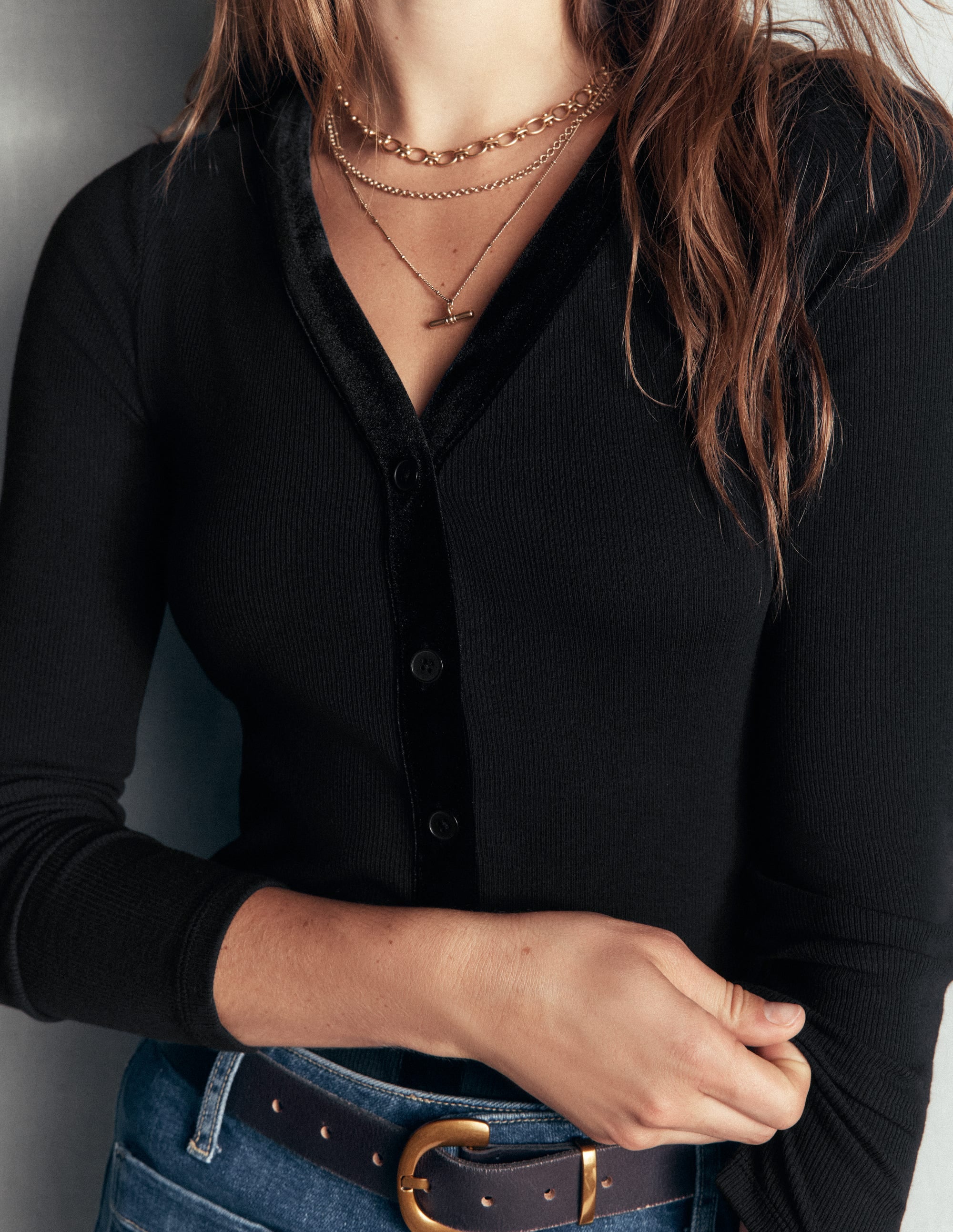 Velvet Trimmed V-Neck Top-Black - Image 2