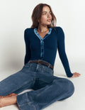 Velvet Trimmed V-Neck Top-Sailor Blue