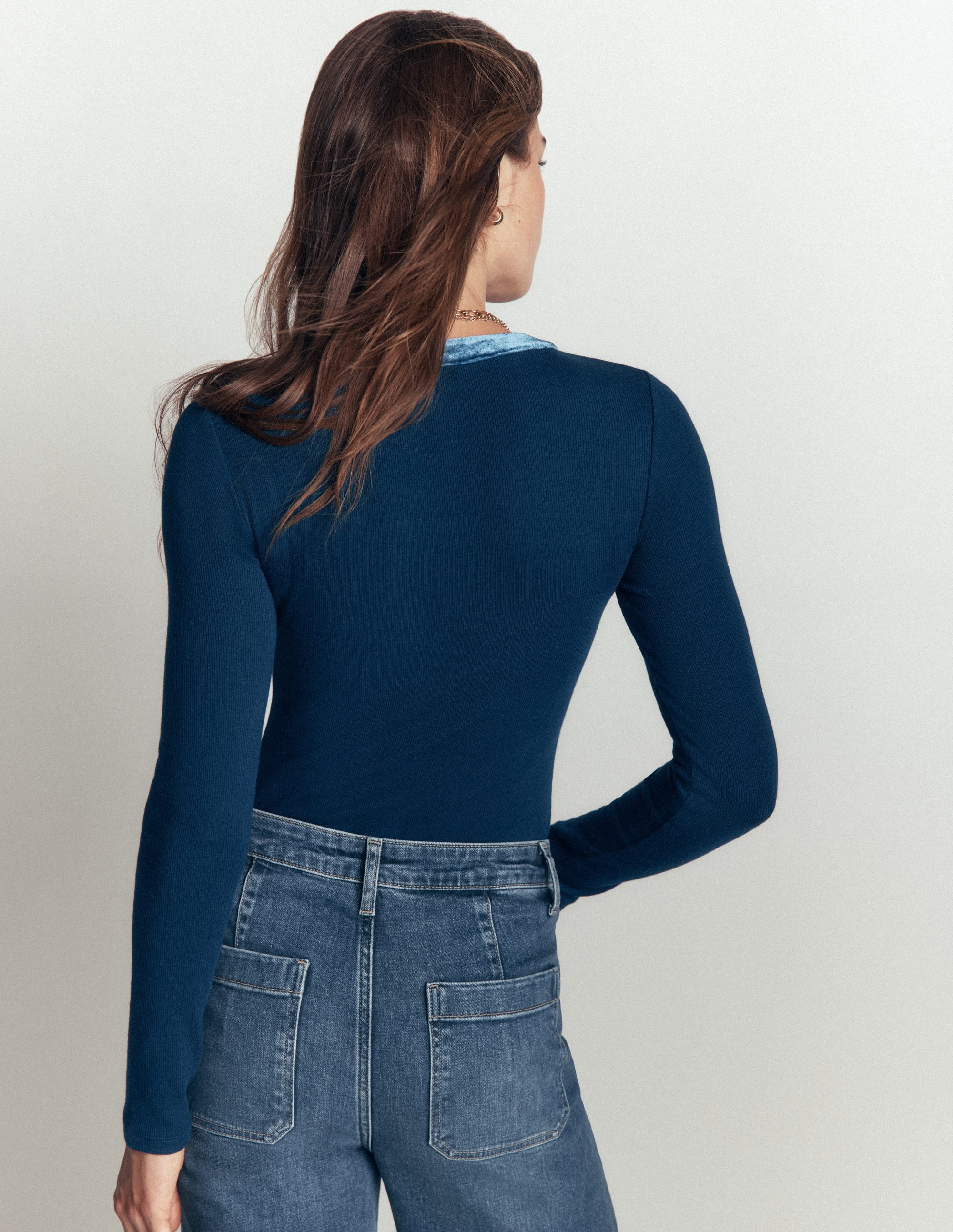 Velvet Trimmed V-Neck Top-Sailor Blue - Image 3