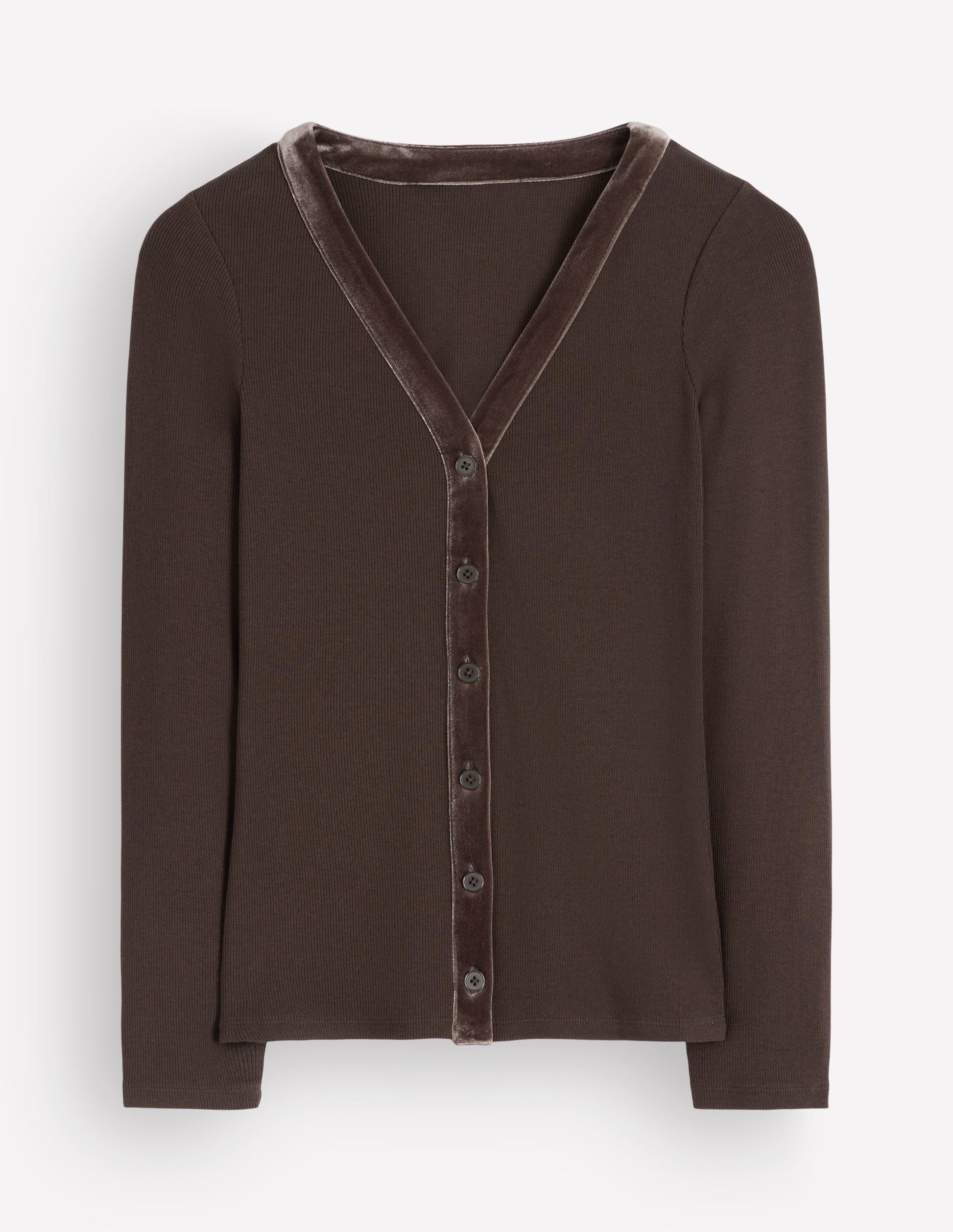 Velvet Trimmed V-Neck Top-Bitter Chocolate-5