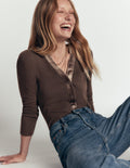 Velvet Trimmed V-Neck Top-Bitter Chocolate