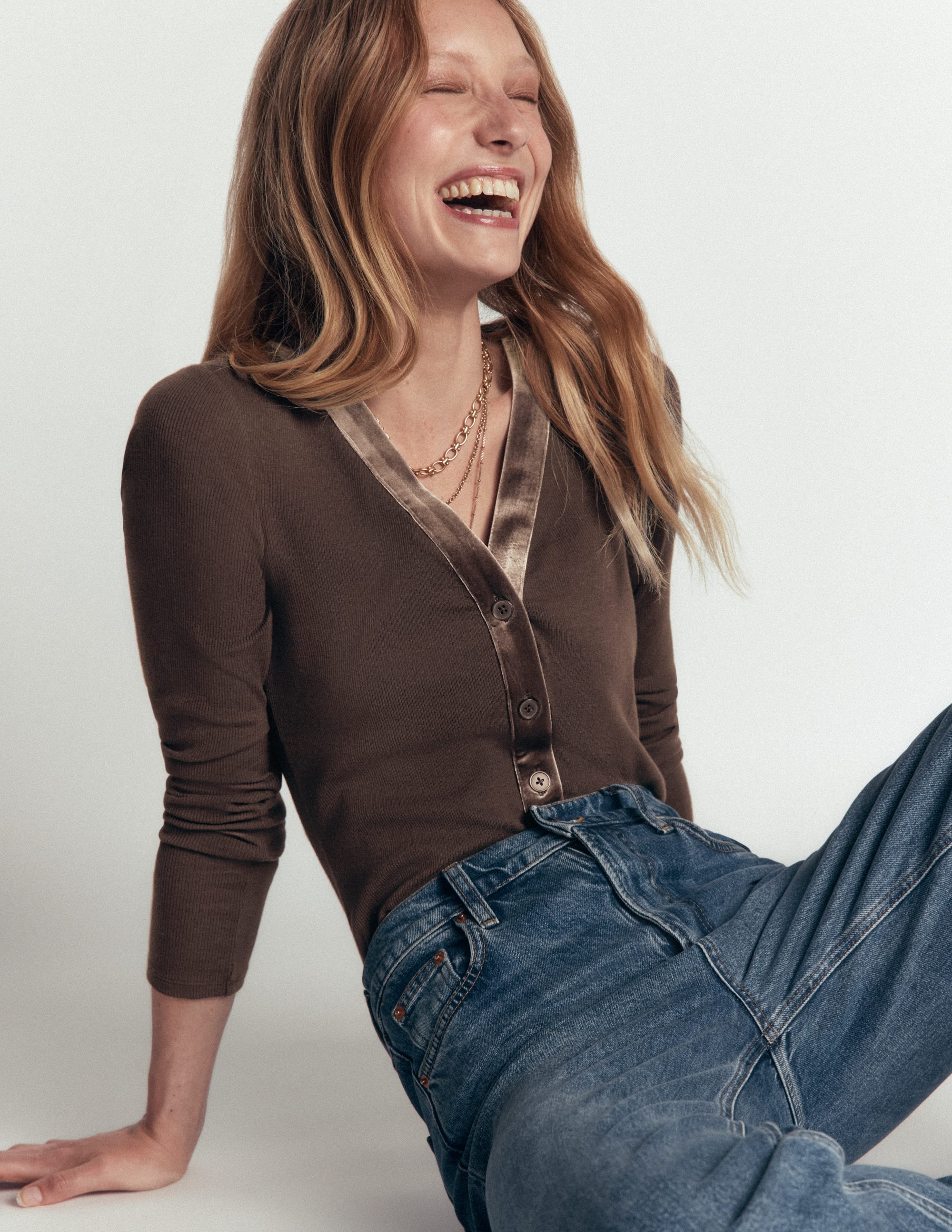 Velvet Trimmed V-Neck Top-Bitter Chocolate - Image 1