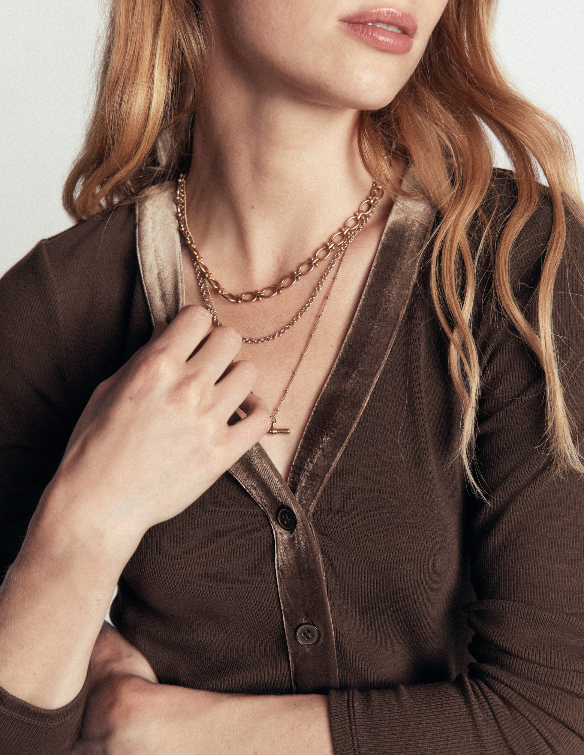 Velvet Trimmed V-Neck Top-Bitter Chocolate-2