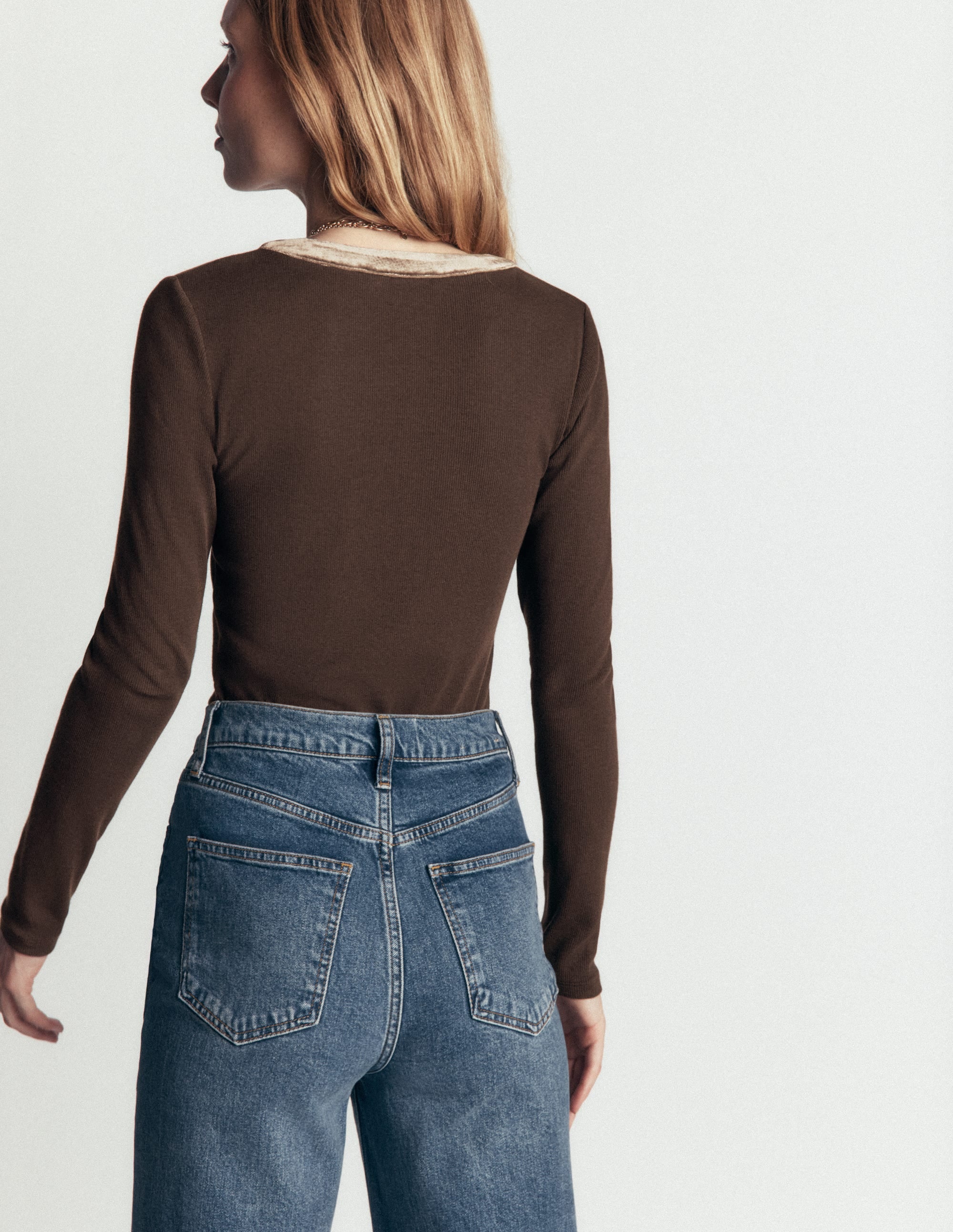 Velvet Trimmed V-Neck Top-Bitter Chocolate - Image 3