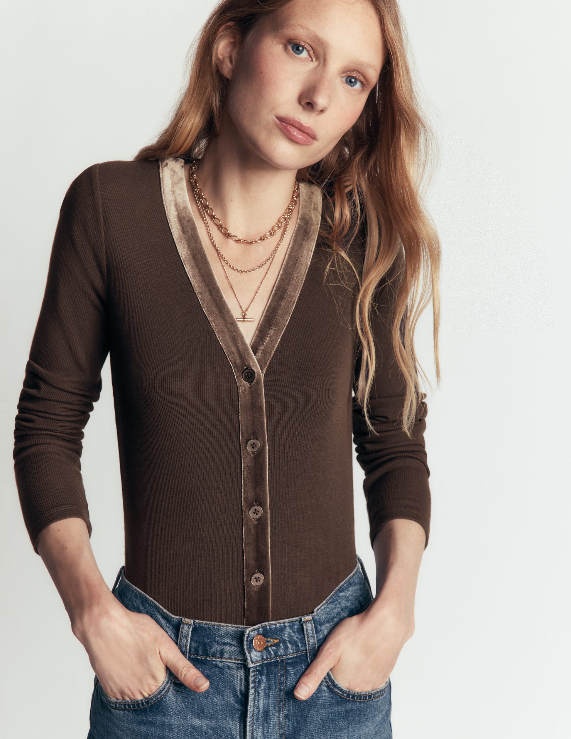 Velvet Trimmed V-Neck Top-Bitter Chocolate-4