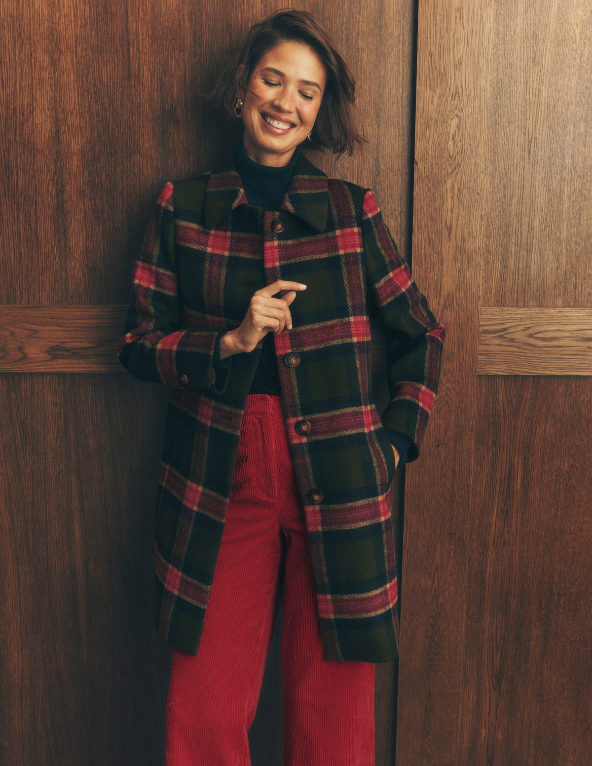 Aylesford Wool Coat-Olive, Navy and Red Check - Image 1