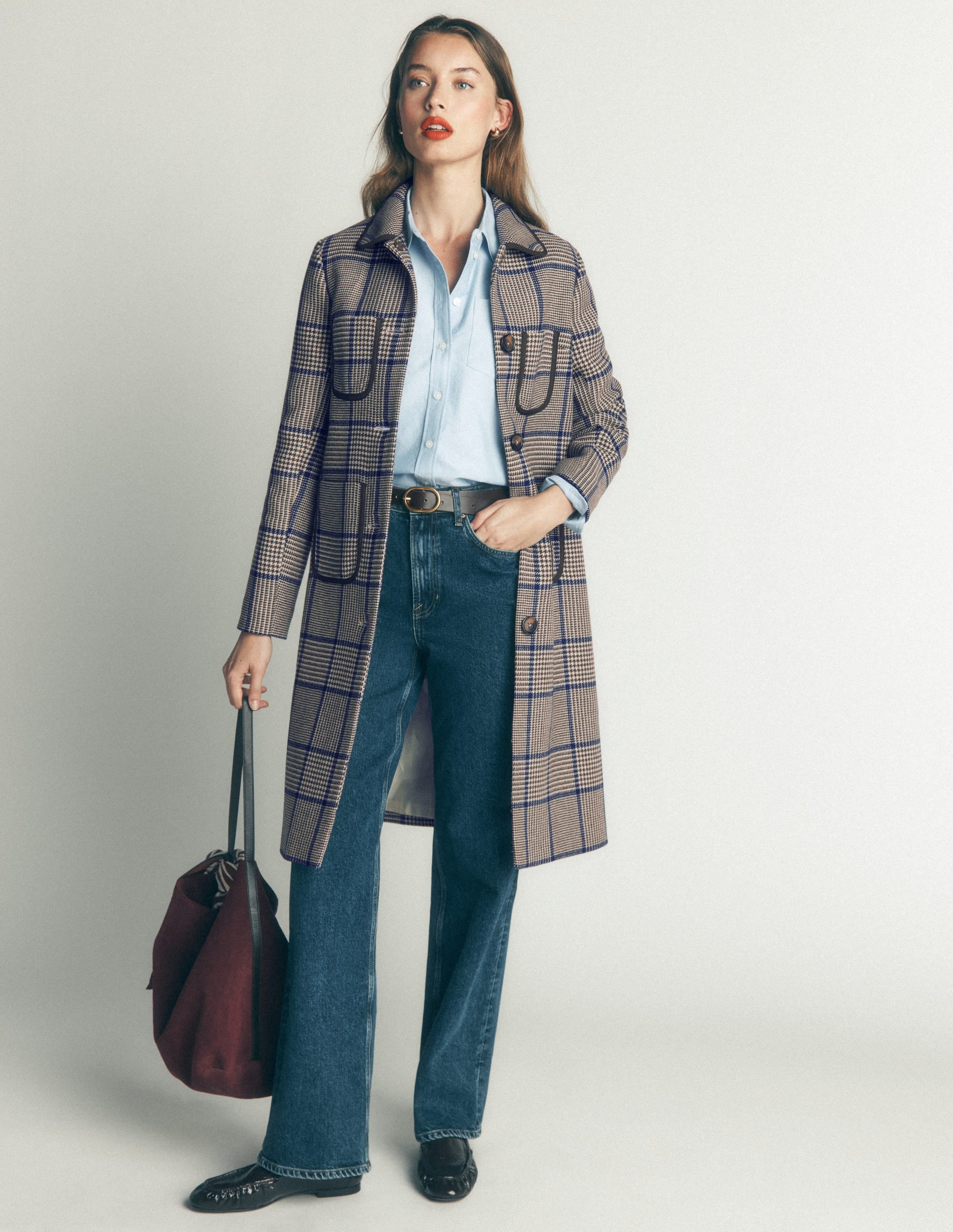 Patch Pocket Wool Blend Coat-Maroon, Teal Prince of Wales - Image 2