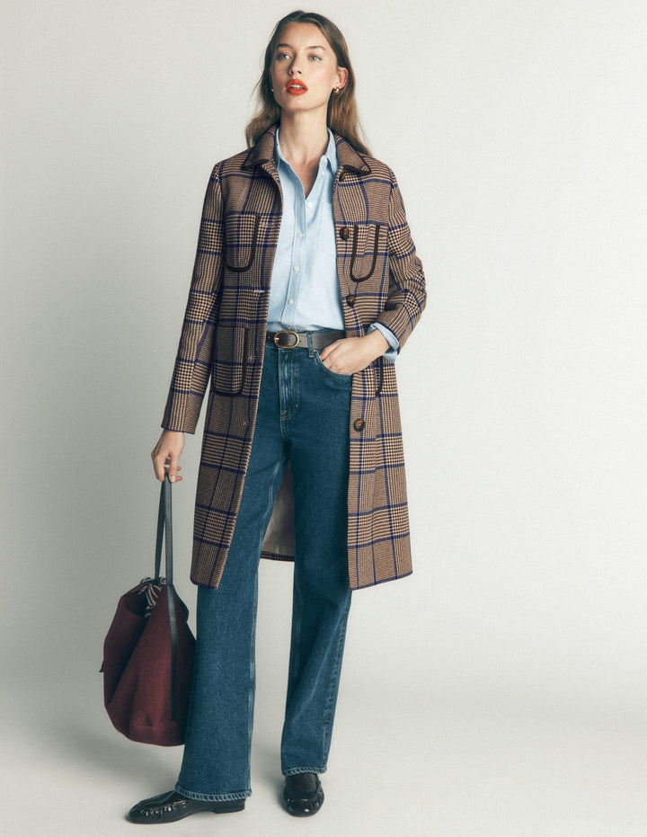 Patch Pocket Wool Blend Coat-Maroon, Teal Prince of Wales
