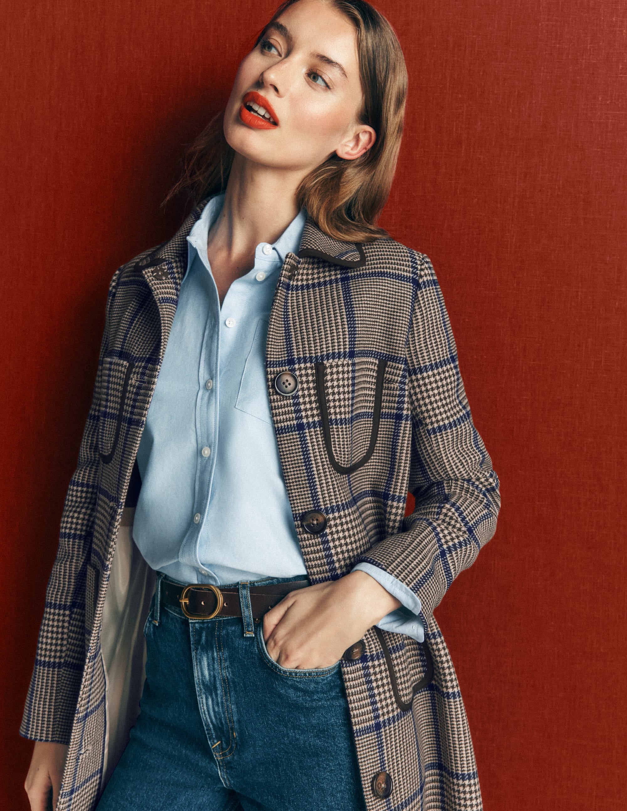 Patch Pocket Wool Blend Coat-Maroon, Teal Prince of Wales - Image 3