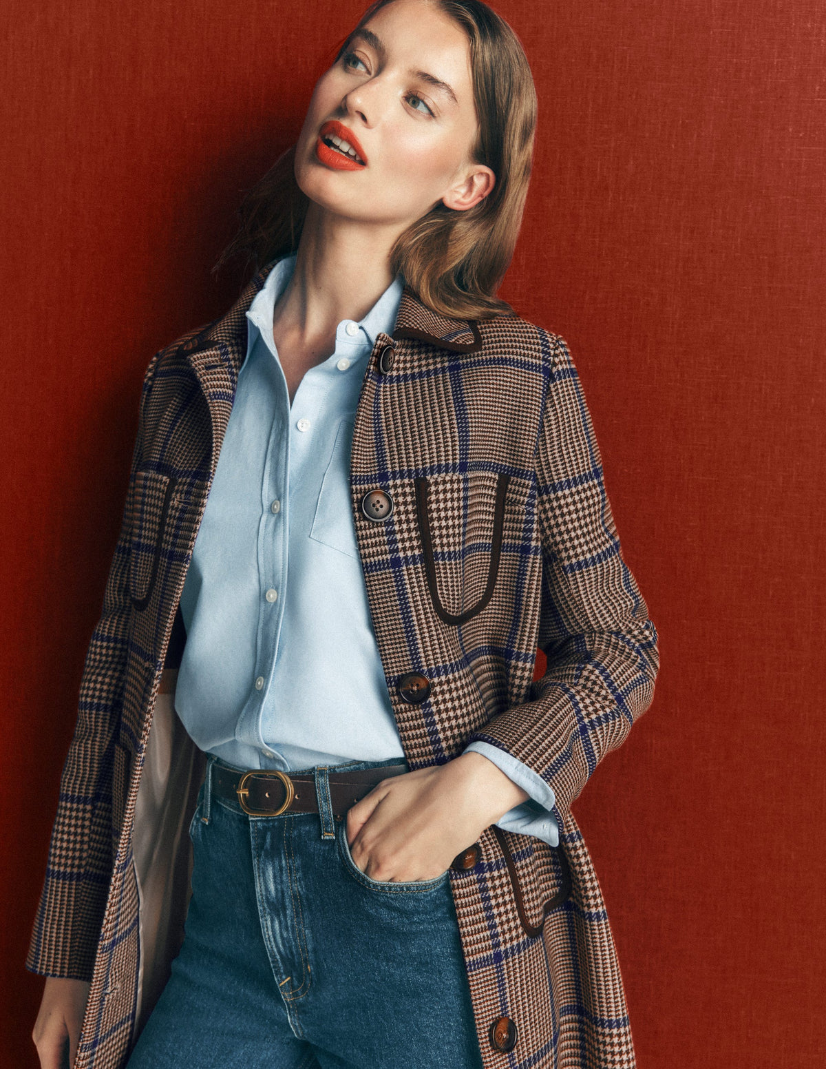 Patch Pocket Wool Blend Coat-Maroon, Teal Prince of Wales - Image 2