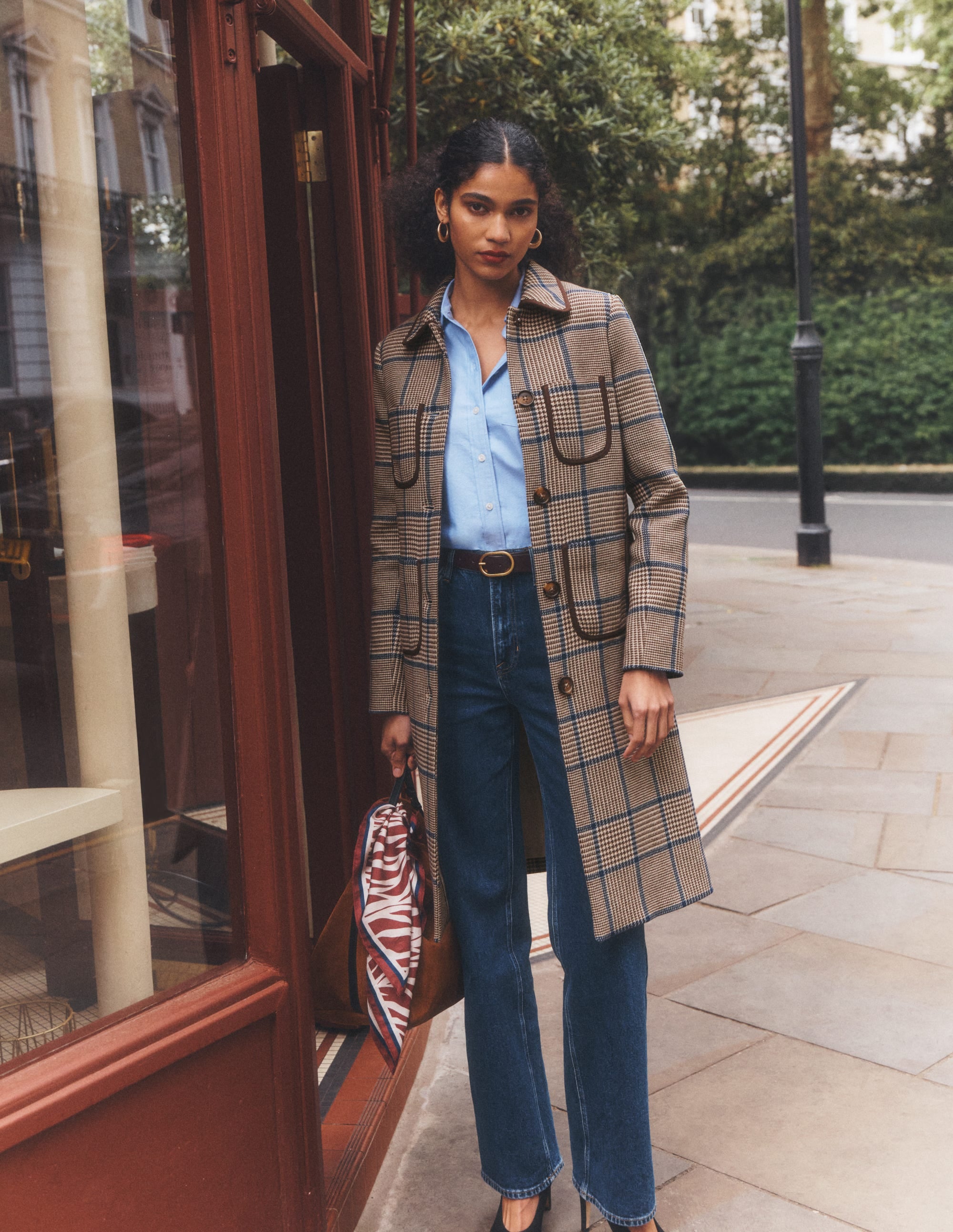 Patch Pocket Wool Blend Coat-Maroon, Teal Prince of Wales - Image 1