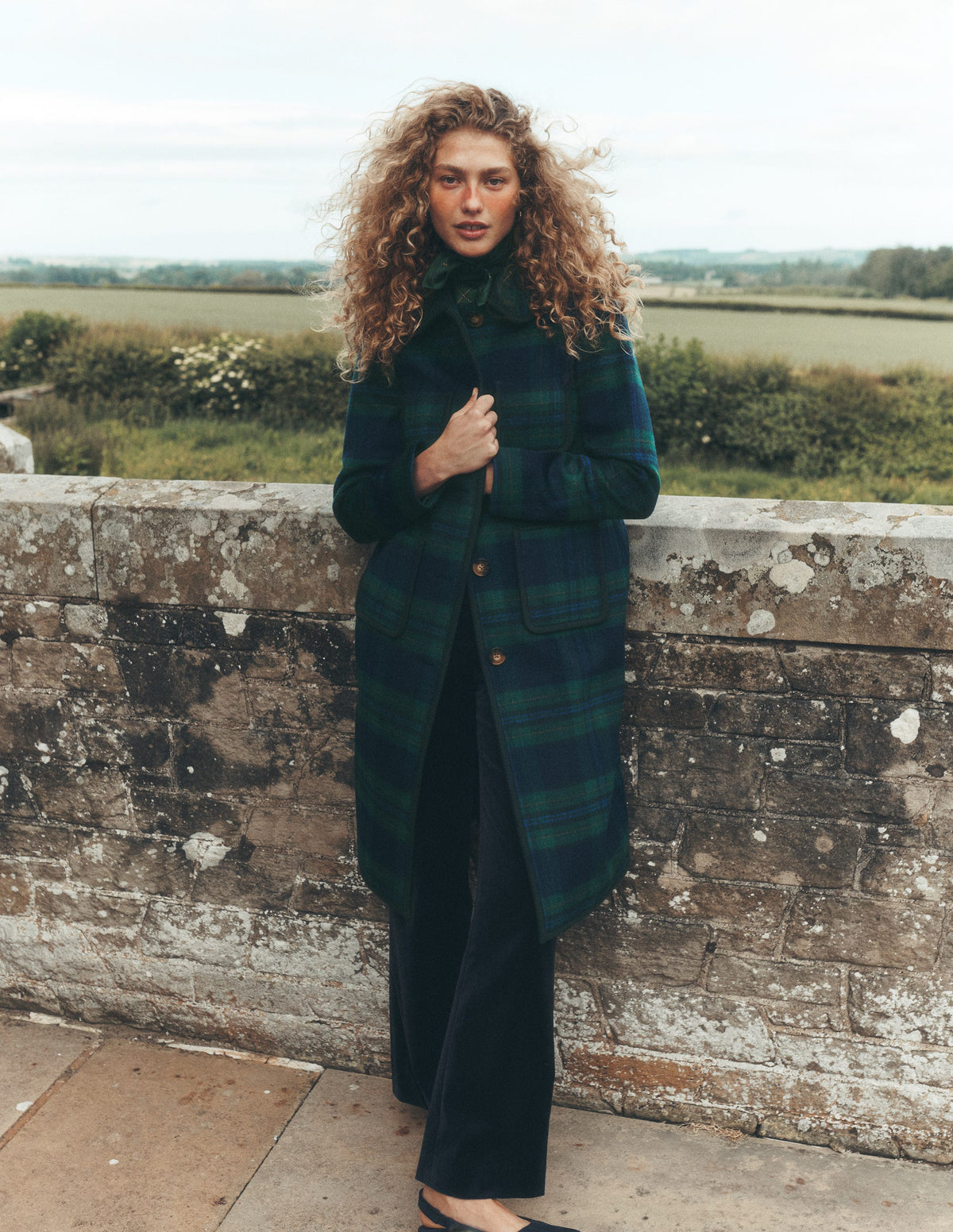Patch Pocket Wool Blend Coat-Navy, Green and Blue Check - Image 1