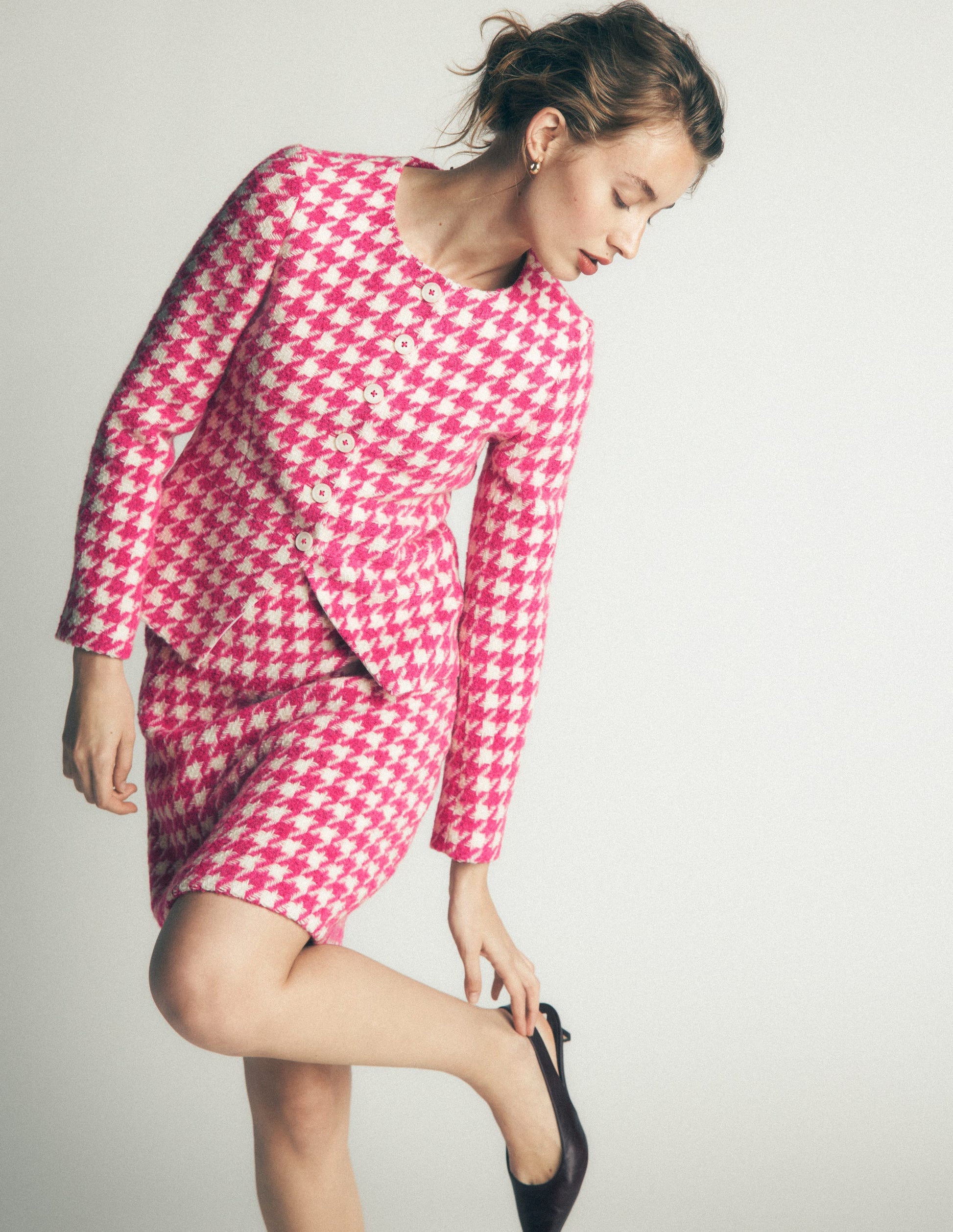 Collarless Wool Blend Blazer-Pink Dogstooth-3