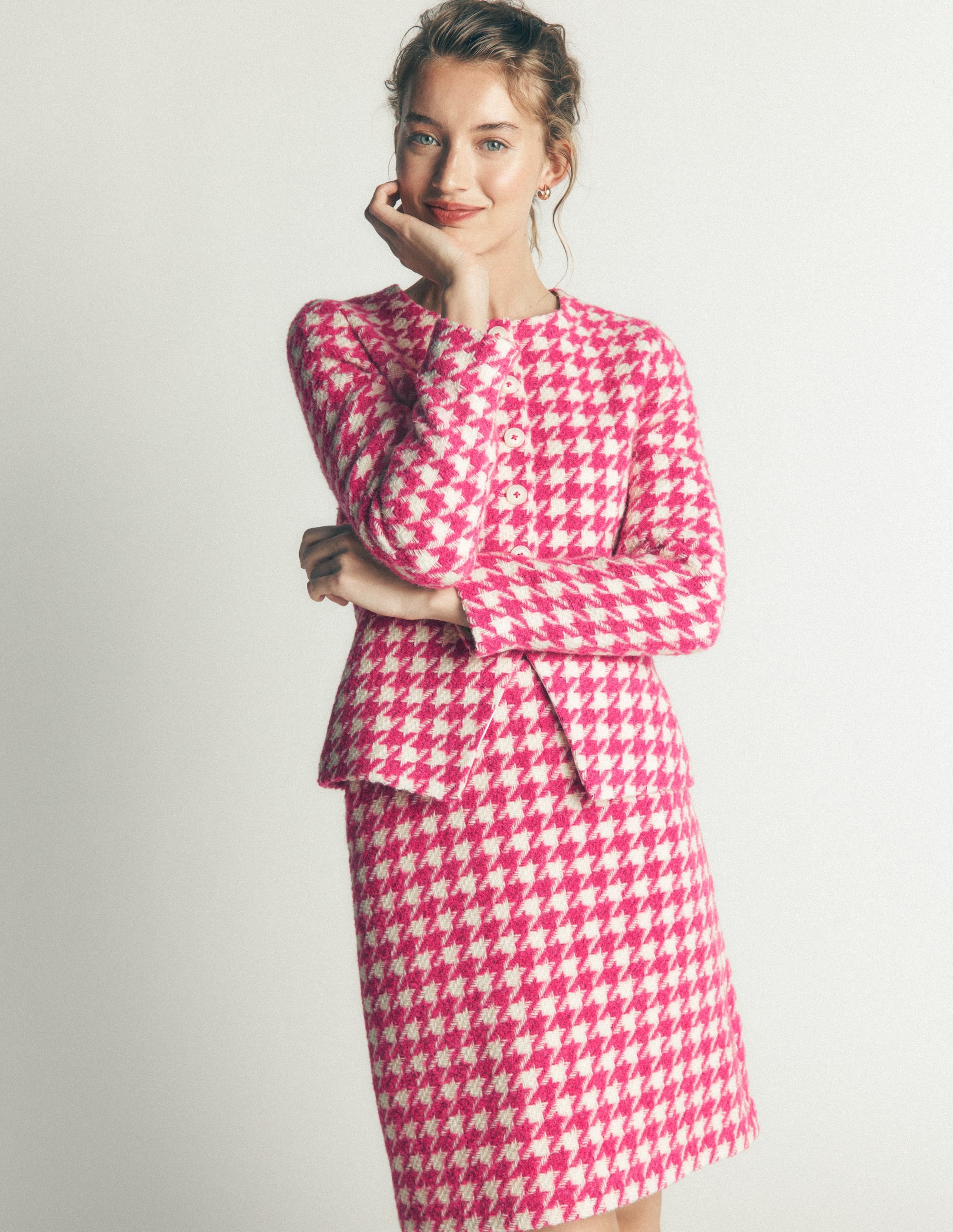 Collarless Wool Blend Blazer-Pink Dogstooth - Image 5