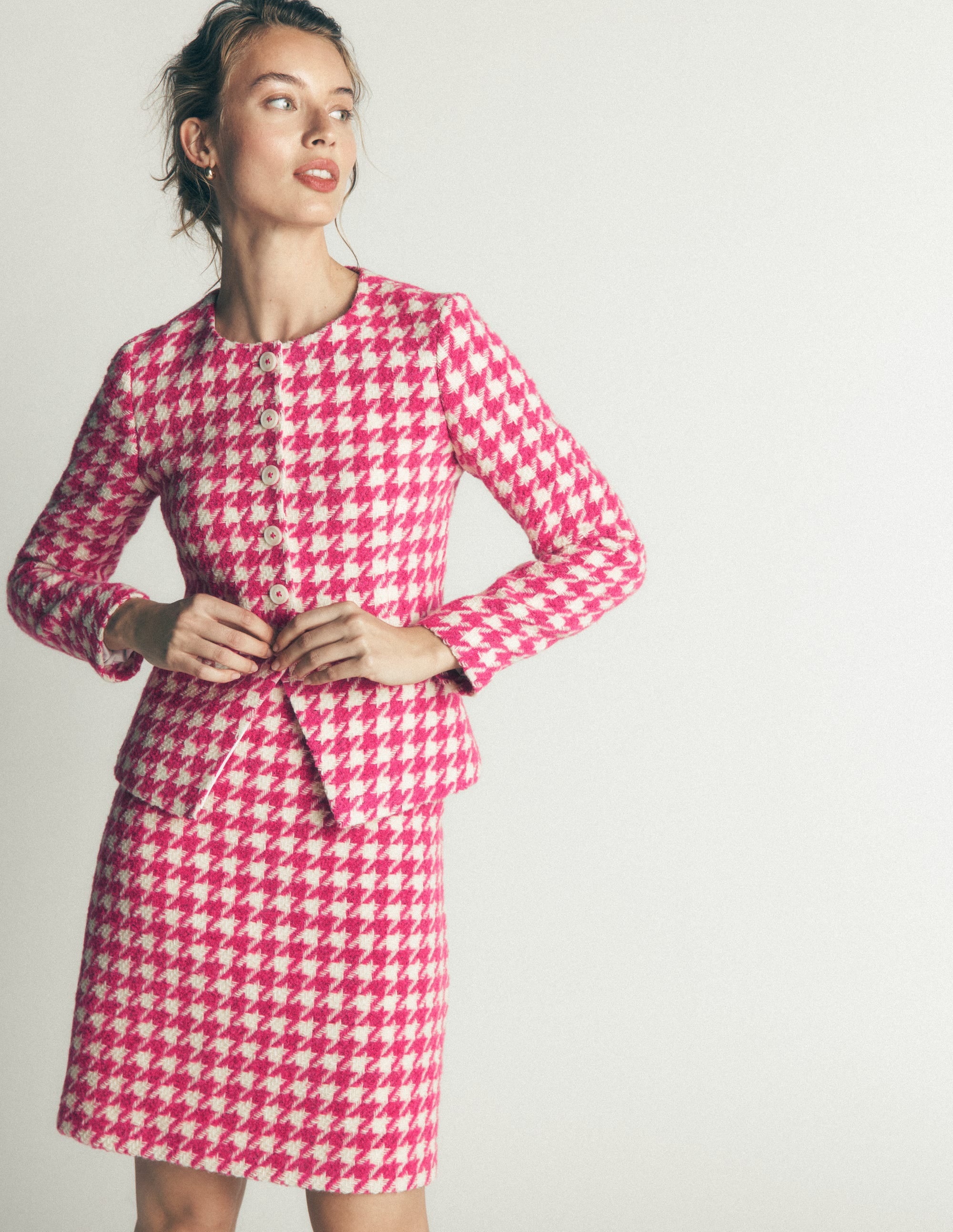 Collarless Wool Blend Blazer-Pink Dogstooth - Image 6
