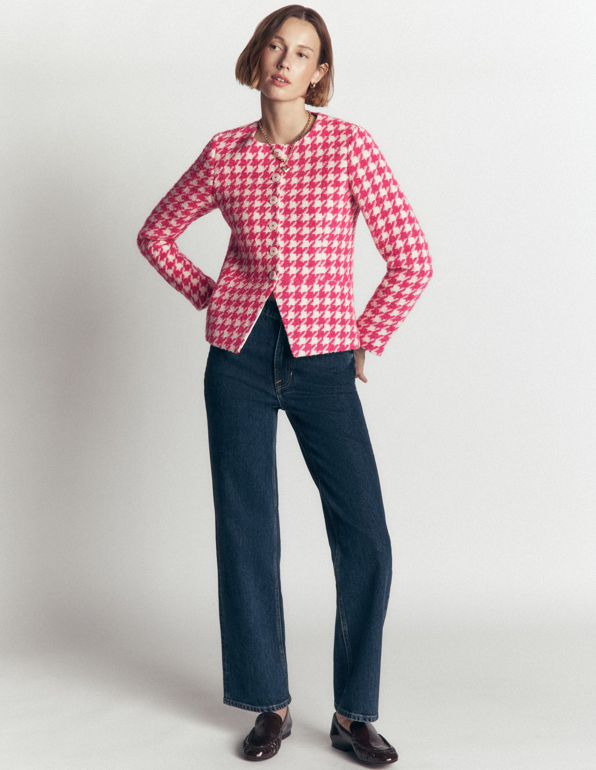 Collarless Wool Blend Blazer-Pink Dogstooth-8