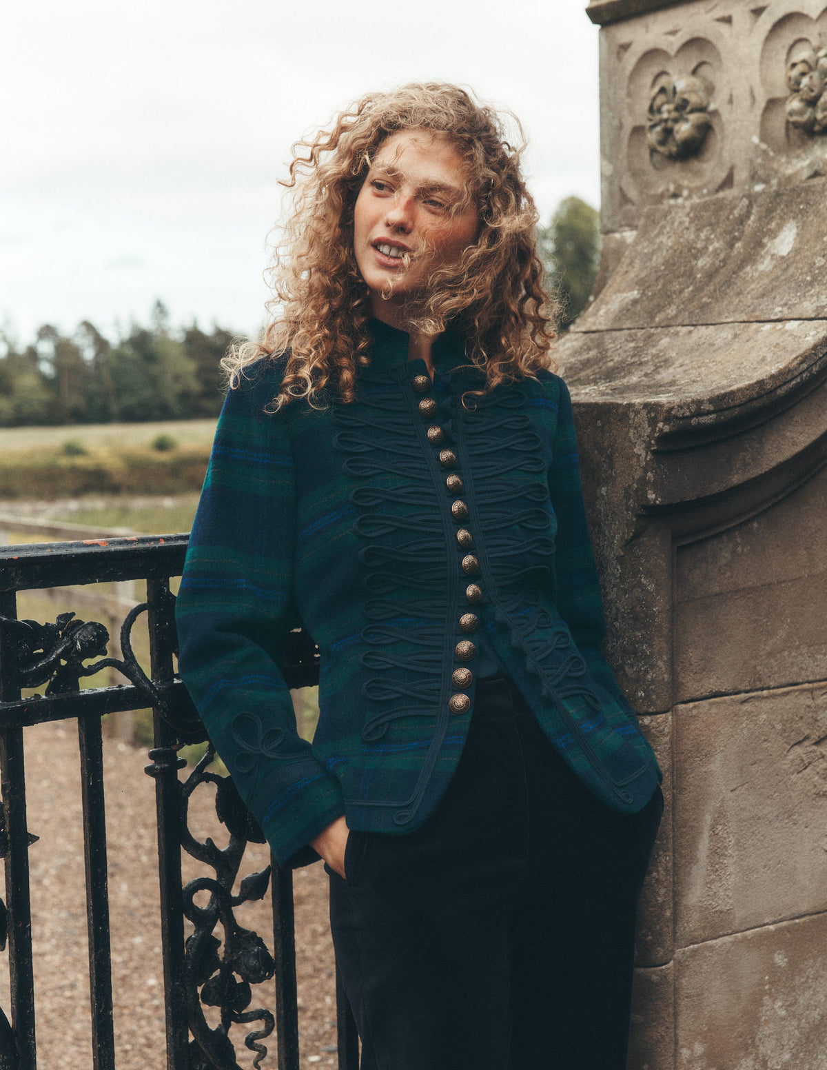Hereford Military Wool Jacket-Navy, Green, Blue Tonal Check - Image 1