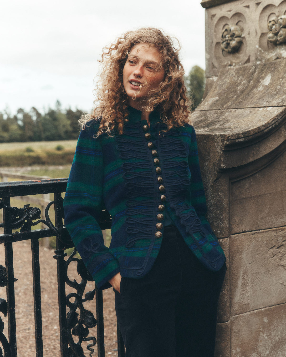 Hereford Military Wool Jacket-Navy, Green, Blue Tonal Check - Image 6