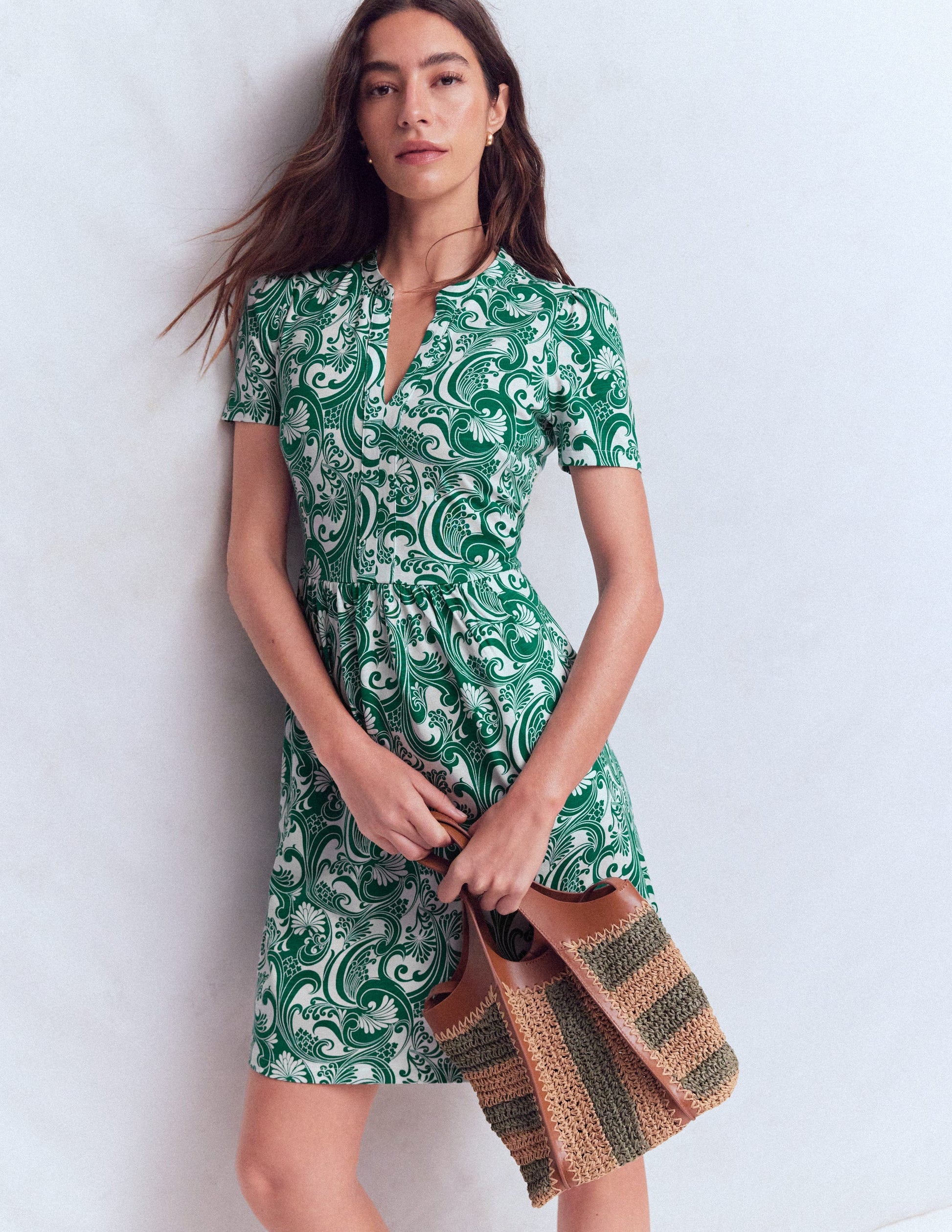 Naomi Short Sleeve Dress-Jewel Green, Foliage Whirl-4