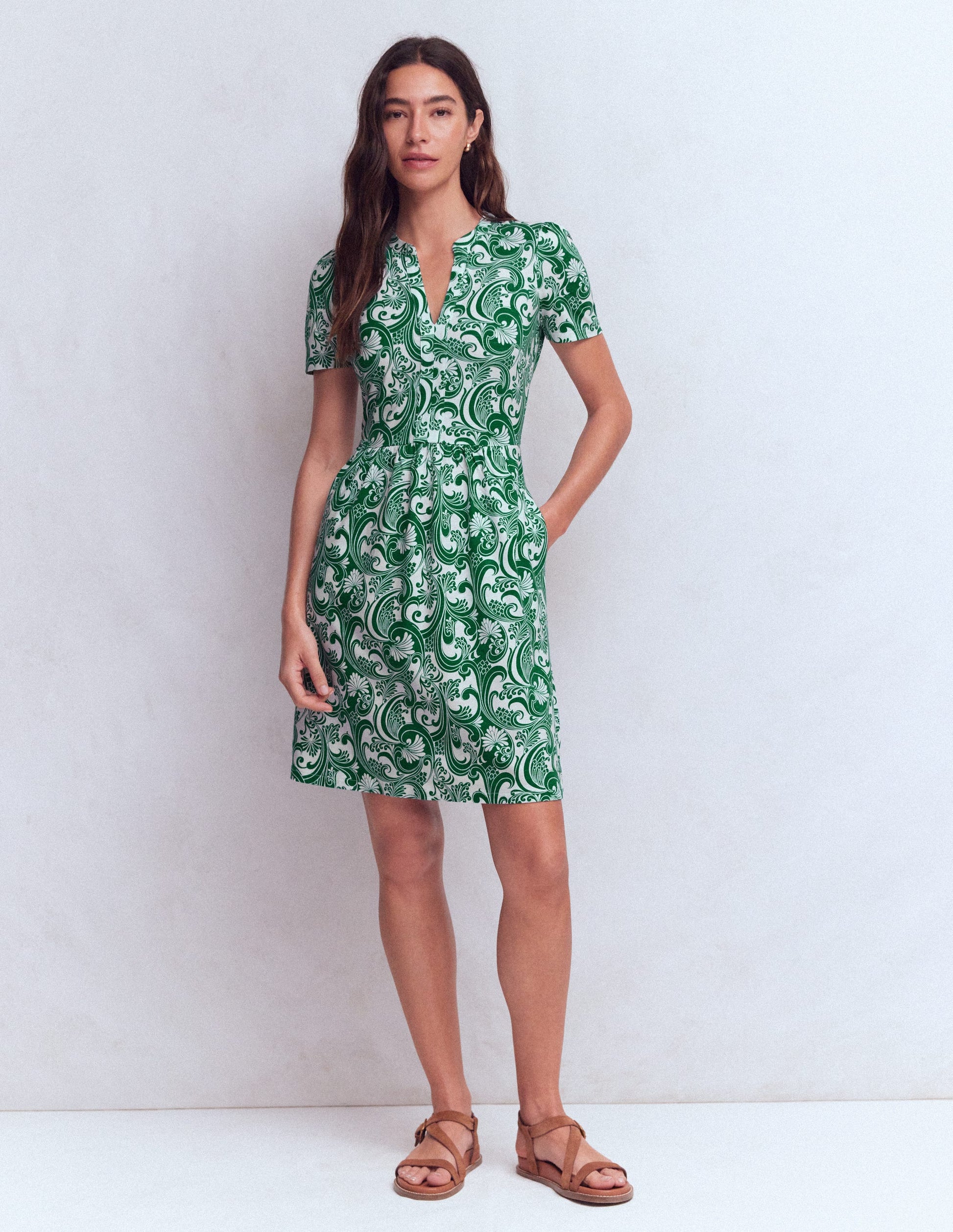 Naomi Short Sleeve Dress-Jewel Green, Foliage Whirl-6