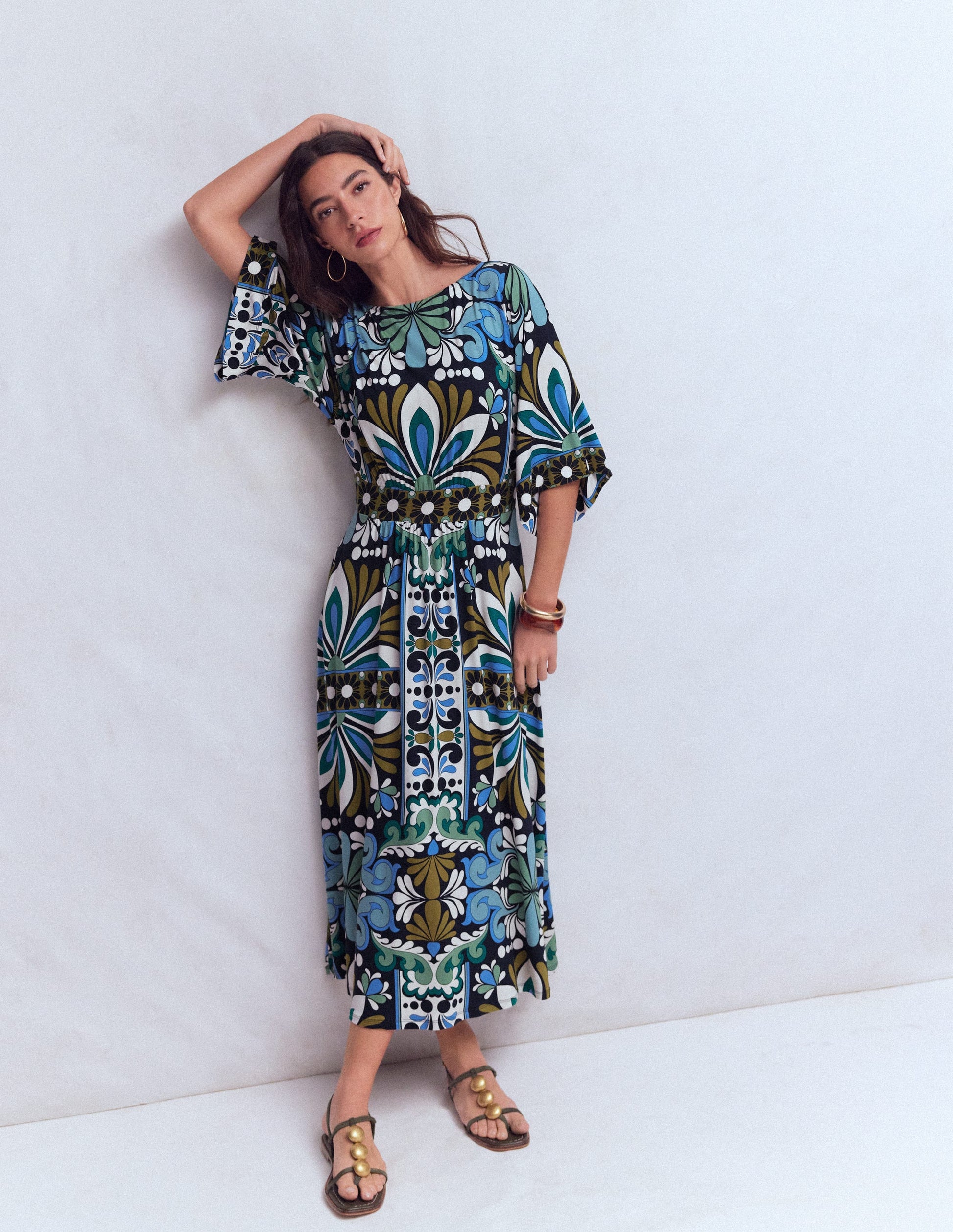 Imelda Kimono Jersey Dress-Navy, Bloom Tapestry-2