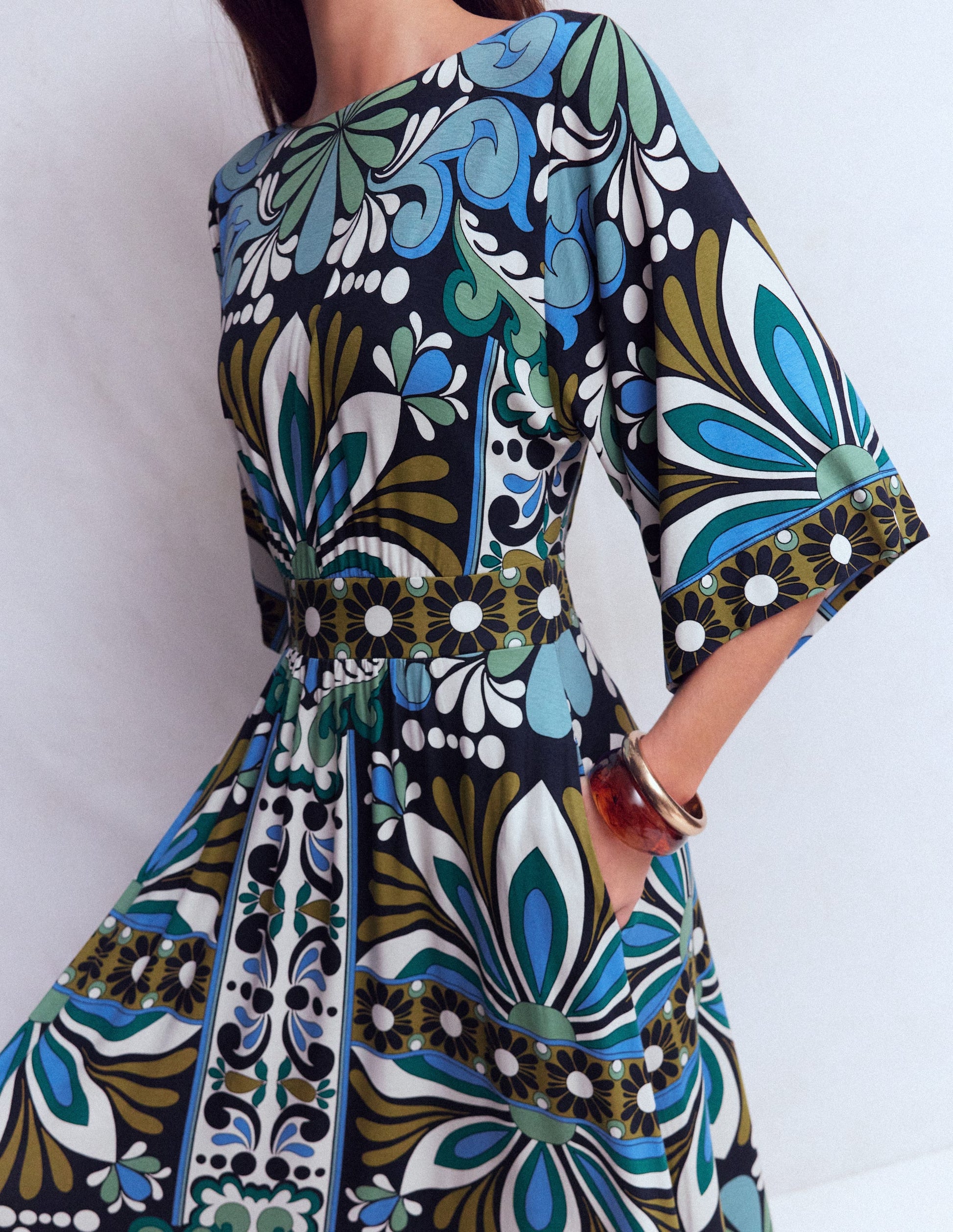 Imelda Kimono Jersey Dress-Navy, Bloom Tapestry-3