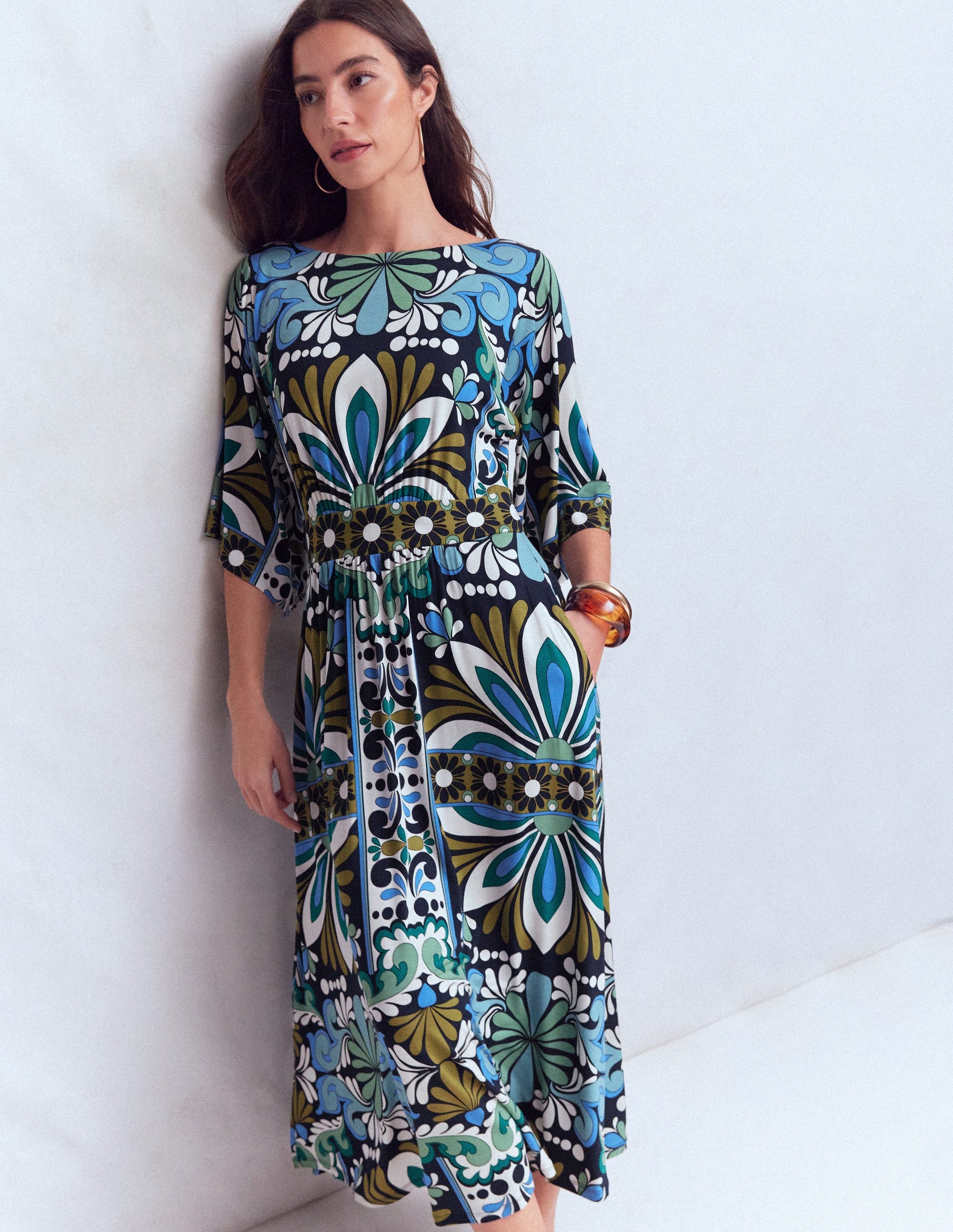 Imelda Kimono Jersey Dress-Navy, Bloom Tapestry-7