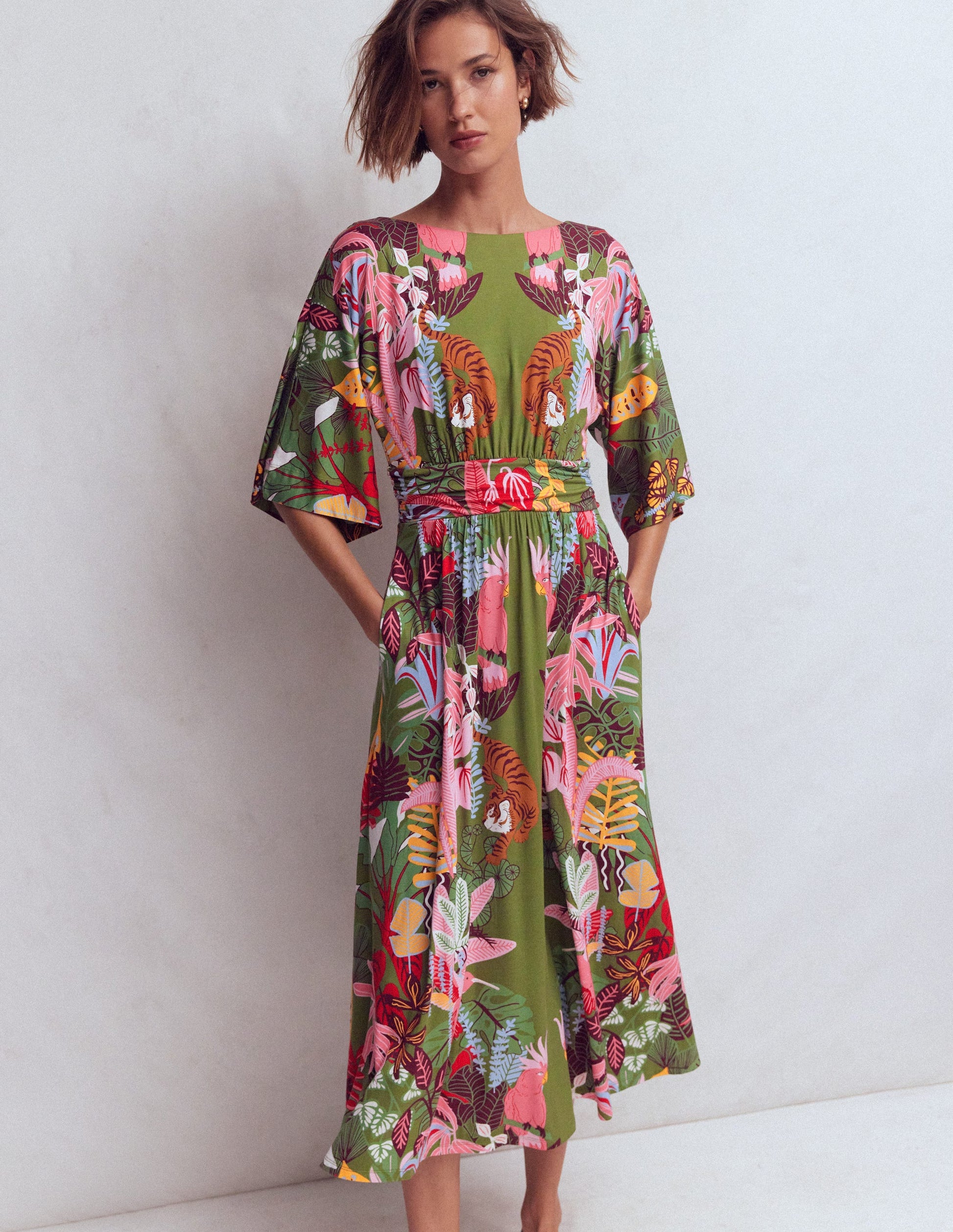 Imelda Kimono Jersey Dress-Olive, Tropical Safari-3