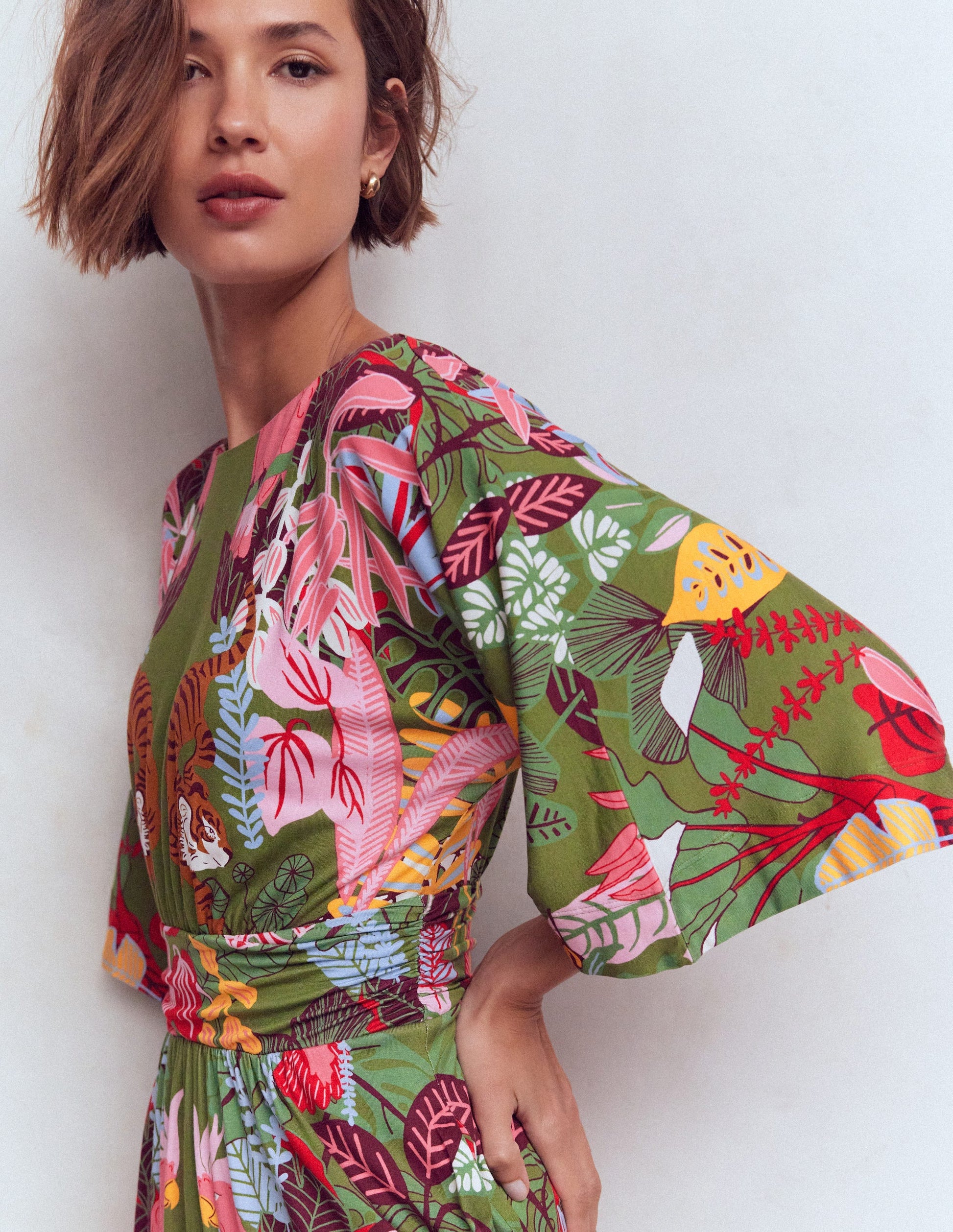 Imelda Kimono Jersey Dress-Olive, Tropical Safari-4