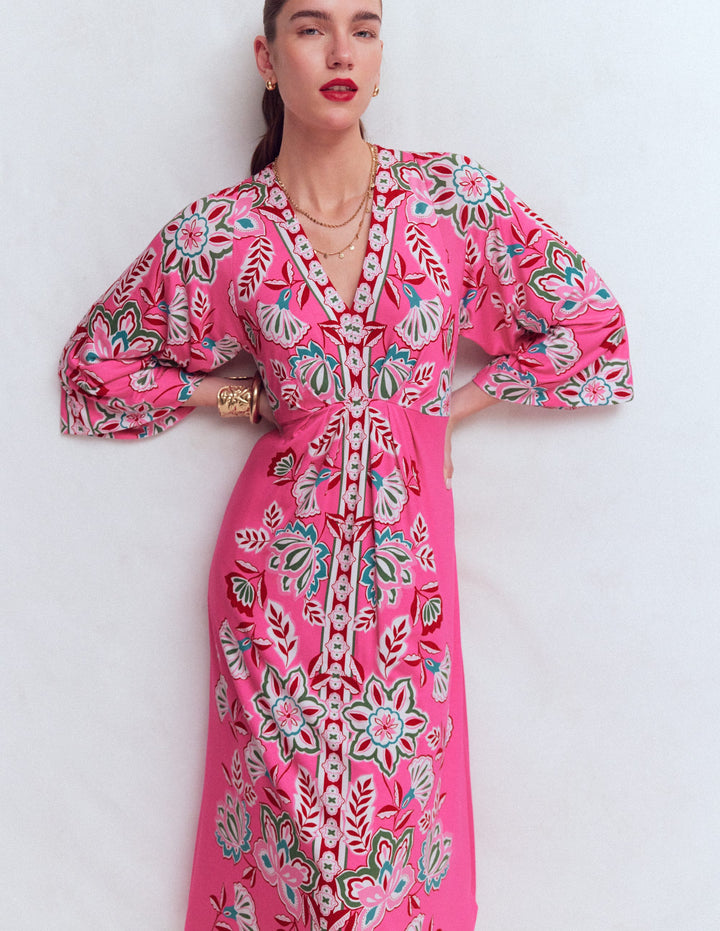 Nell Kimono Midi Jersey Dress-Pink, Blossom Elegance