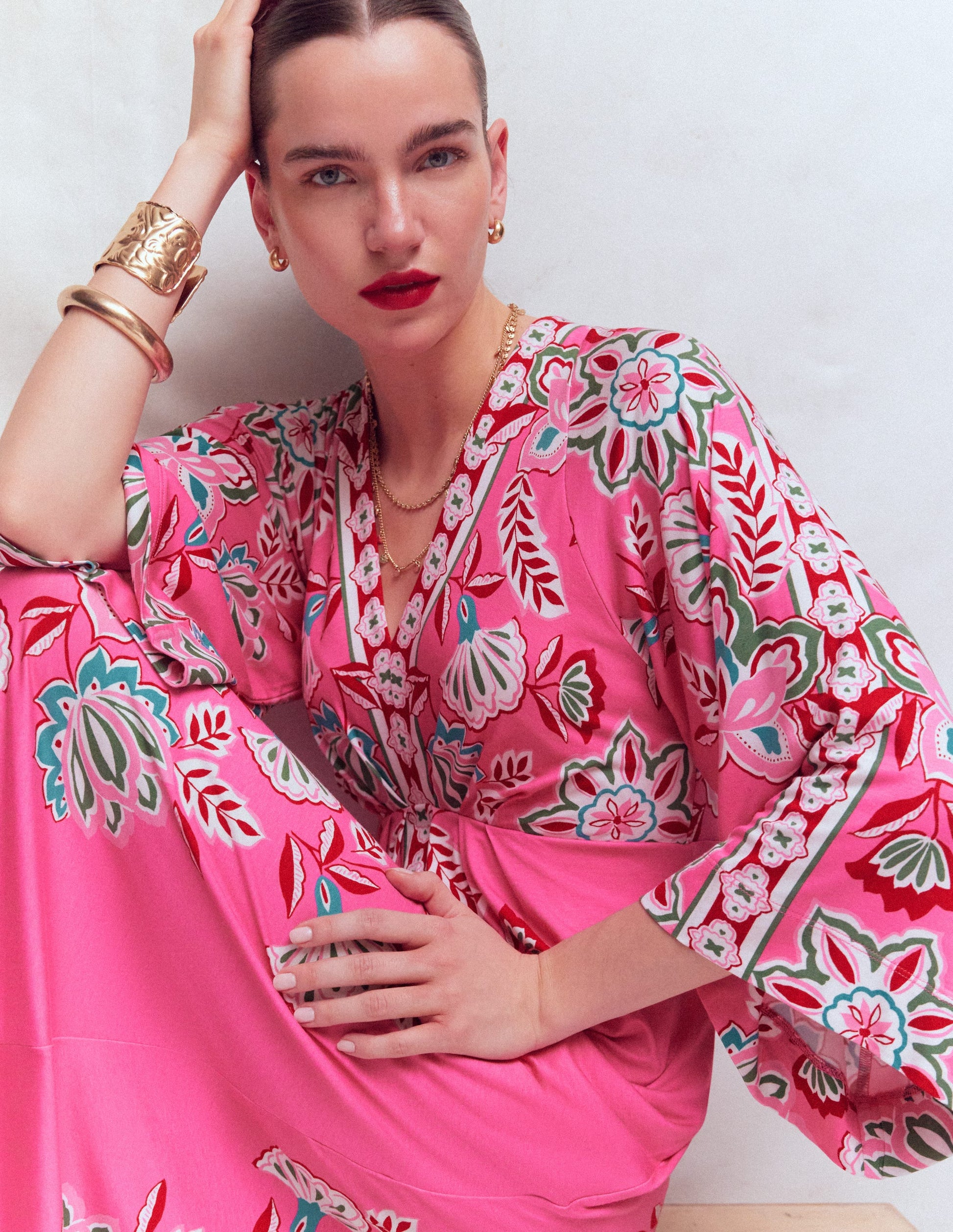 Nell Kimono Midi Jersey Dress-Pink, Blossom Elegance-3