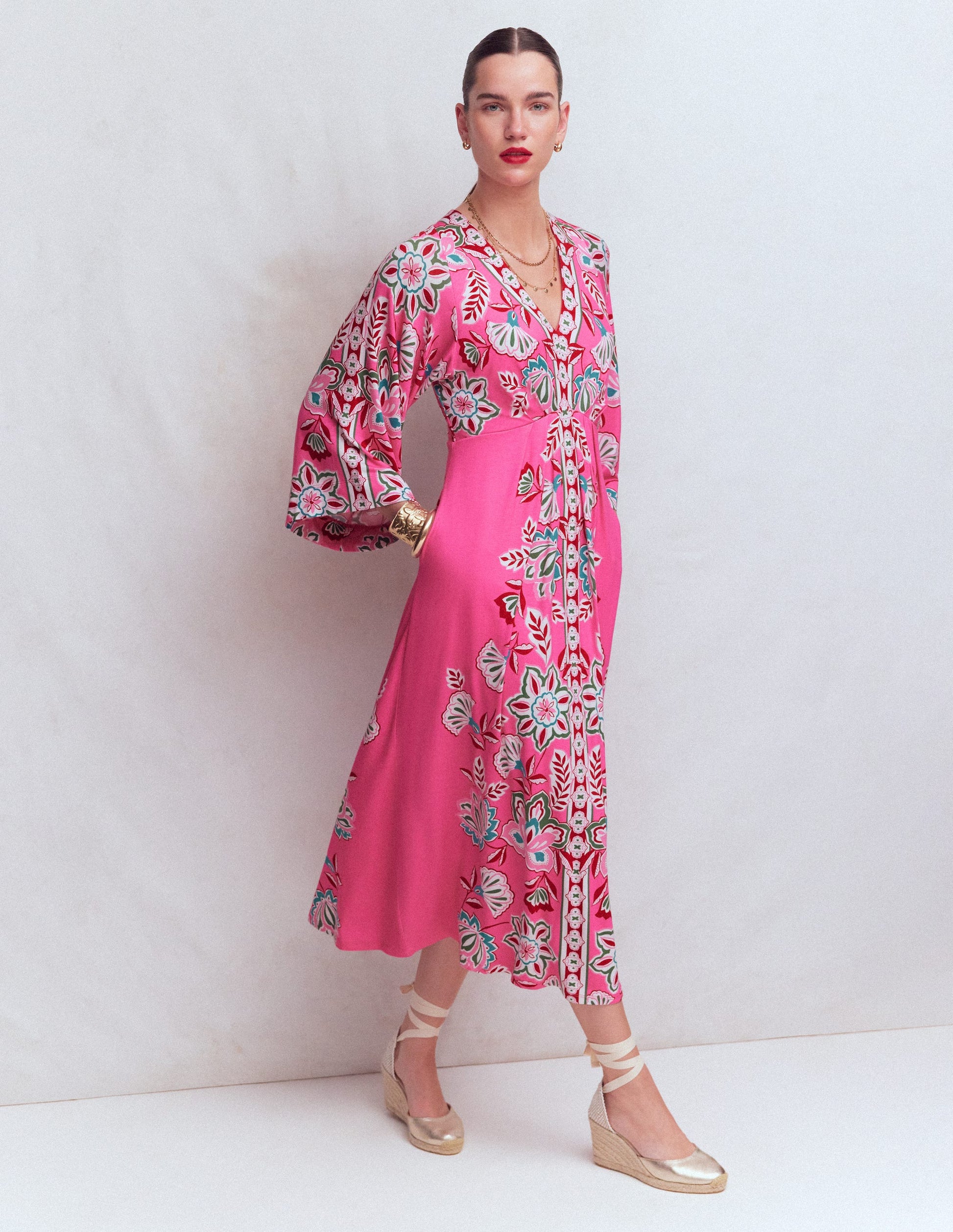 Nell Kimono Midi Jersey Dress-Pink, Blossom Elegance-4