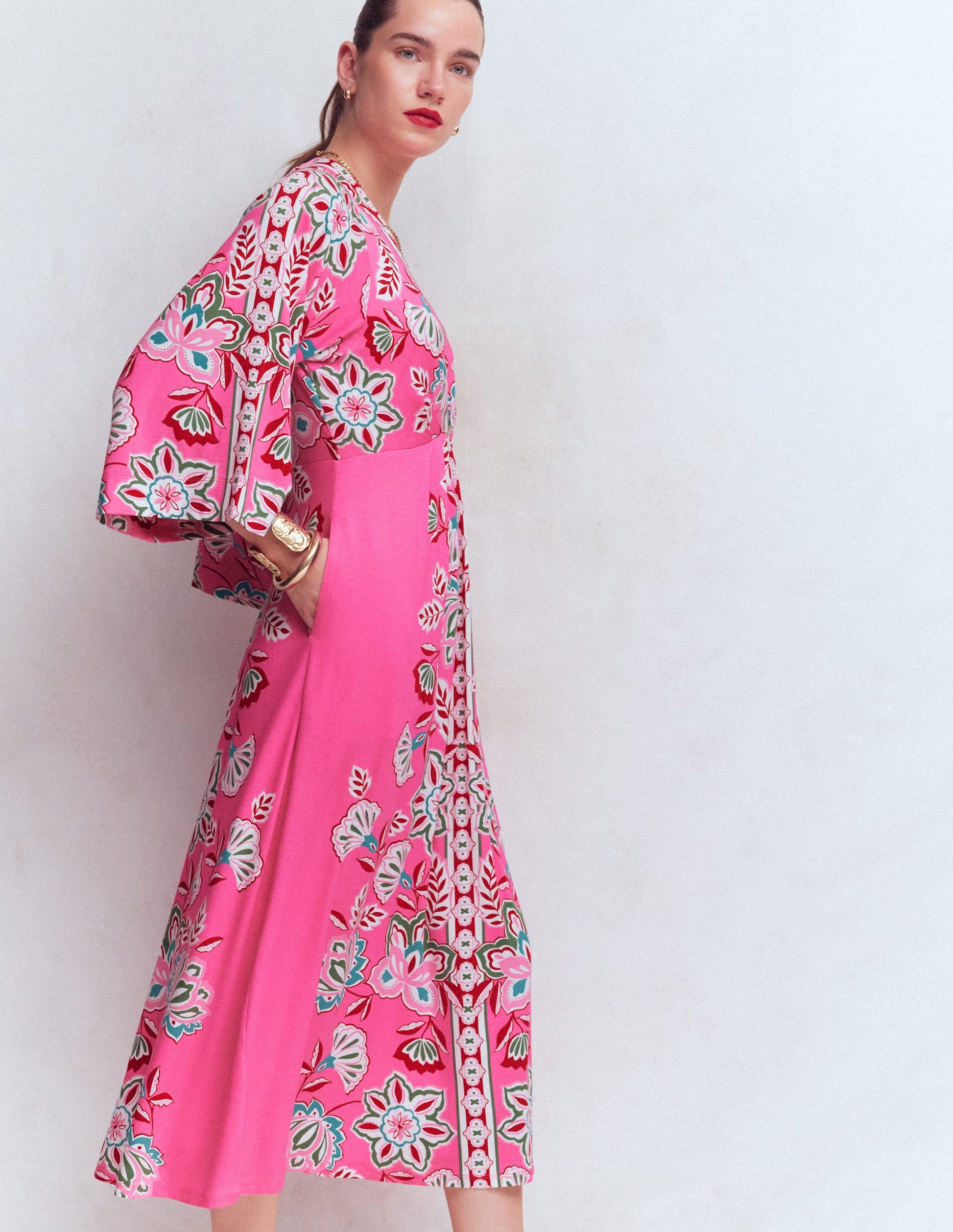 Nell Kimono Midi Jersey Dress-Pink, Blossom Elegance-5
