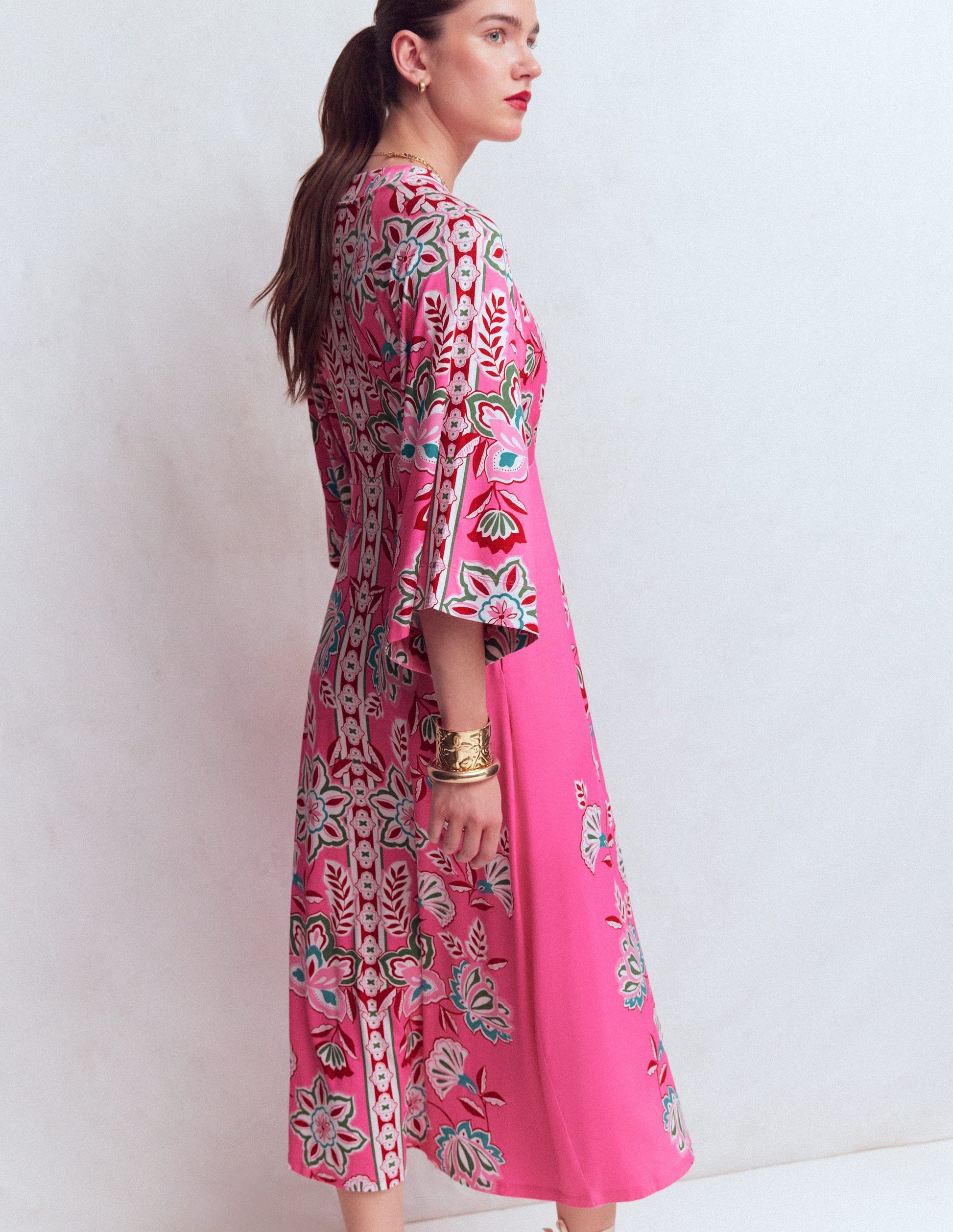 Nell Kimono Midi Jersey Dress-Pink, Blossom Elegance-6