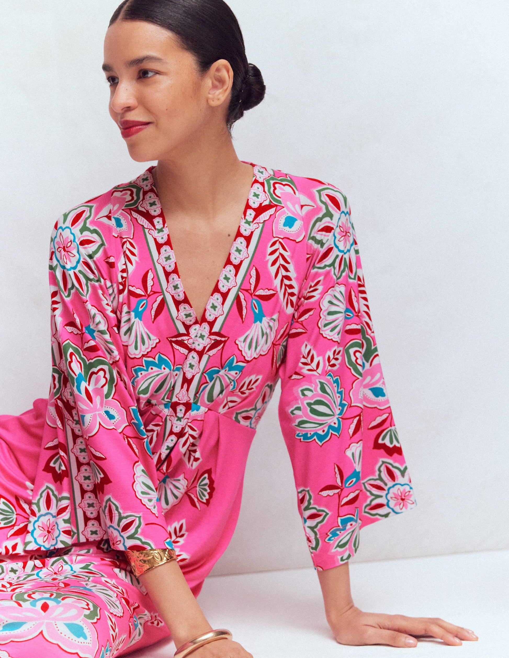 Nell Kimono Midi Jersey Dress-Pink, Blossom Elegance-7
