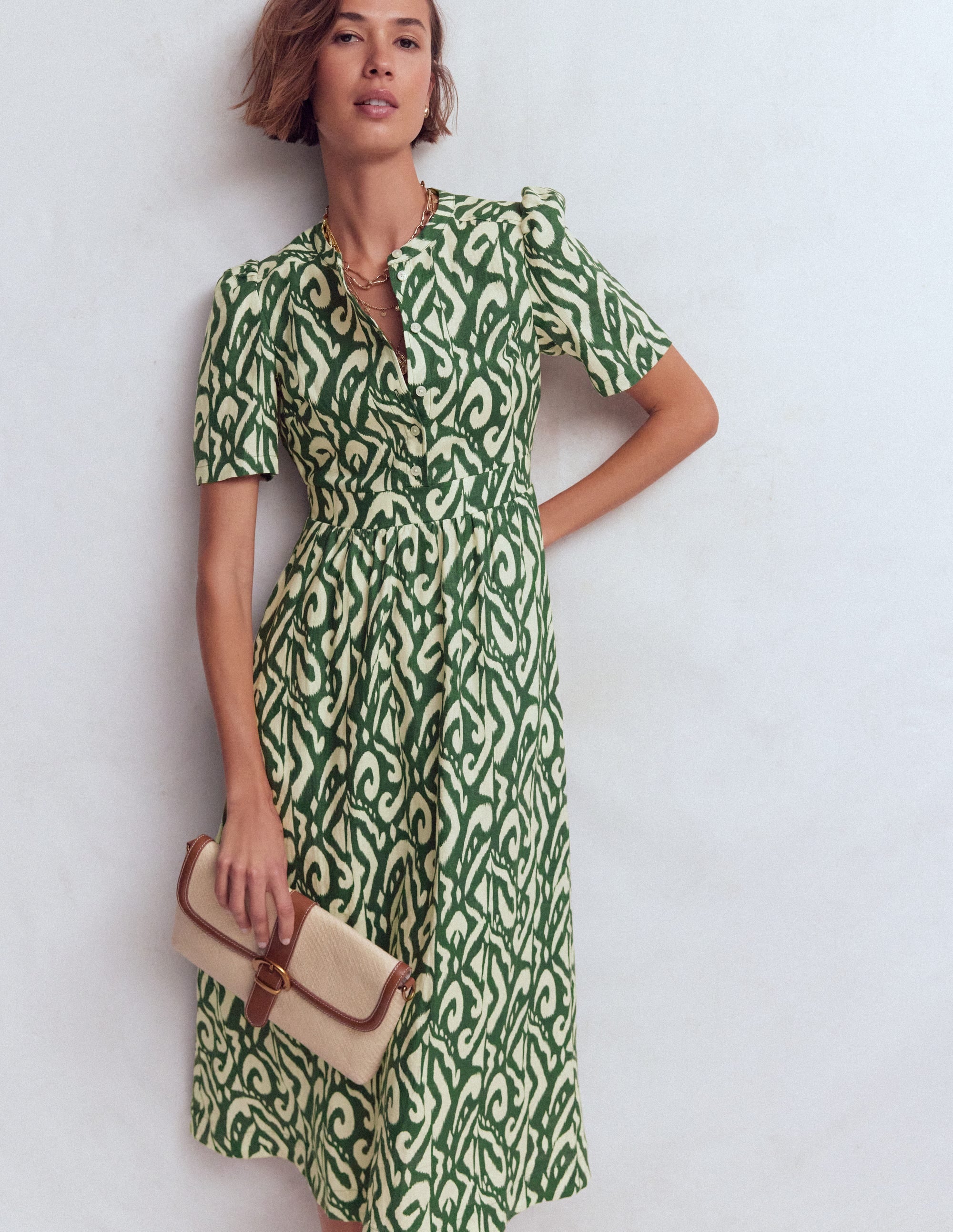 Ivy Button Linen Midi Dress-Hunter Green Ikat - Image 1
